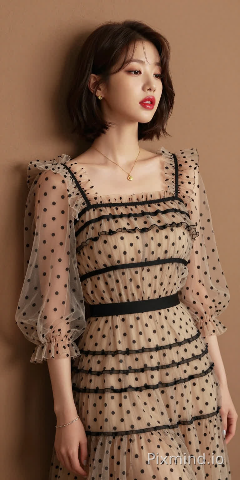 极具写实感的人像摄影,主角是张元英。
她拥有精致如瓷娃娃般的面部特征,标志性的水润丰盈嘟嘟唇,涂着晶莹剔透的草莓红唇釉,画着精致的卧蚕和根根分明的睫毛,利落干练超短发,侧身站立,背部微微靠在一面温暖的棕色哑光墙上,墙面有着柔和细腻的纹理作为背景。
她的表情慵懒,媚眼如丝,勾人眼神,五官精致,肌肤光滑,嘴唇微微张开。
她身着一条米色薄纱连衣裙,细节精致:轻盈通透的面料上点缀着黑色波点,黑色横条纹贯穿上身、腰部和裙摆,荷叶边褶皱为其增添了层次感。
连衣裙采用方领设计,温柔地勾勒出她的锁骨轮廓,搭配蓬松的钟形袖,袖口处有收紧的褶皱,让薄纱自然垂坠。一条细细的黑色腰带束在腰间,凸显出她的身材曲线。
她佩戴着精致的金色项链,配着小巧的吊坠,还有小巧的金色耳钉,左手腕上戴着一条银色手链。
她的指甲涂着浅色指甲油。
光线柔和自然,在墙上投下淡淡的阴影,同时凸显出薄纱的通透感、波点的纹理以及金色配饰的光泽。整个场景极度精细,写实主义风格,具有高电影级质感,8K分辨率,极致画质,注重真实的面料质感和自然的人物特征。
