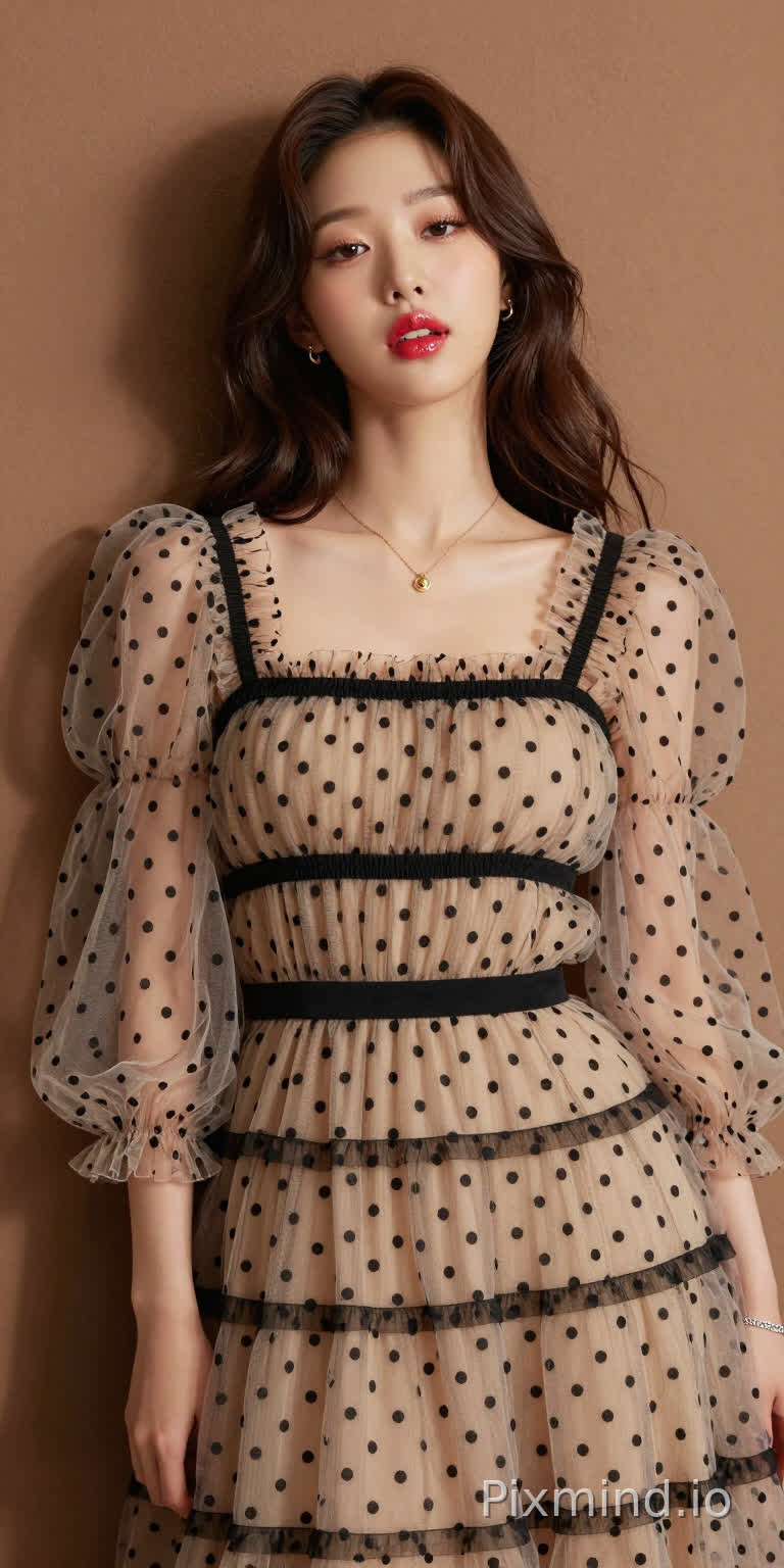 极具写实感的人像摄影,主角是韩国人气偶像张元英的绝美K-pop偶像少女。
她拥有精致如瓷娃娃般的面部特征,标志性的水润丰盈嘟嘟唇,涂着晶莹剔透的草莓红唇釉,画着精致的卧蚕和根根分明的睫毛,发型是法式慵懒卷,侧身站立,背部微微靠在一面温暖的棕色哑光墙上,墙面有着柔和细腻的纹理作为背景。
她的表情慵懒看着镜头,媚眼如丝,勾人眼神,五官精致,肌肤光滑,嘴唇微微张开。
她身着一条米色薄纱连衣裙,细节精致:轻盈通透的面料上点缀着黑色波点,黑色横条纹贯穿上身、腰部和裙摆,荷叶边褶皱为其增添了层次感。
连衣裙采用方领设计,温柔地勾勒出她的锁骨轮廓,搭配蓬松的钟形袖,袖口处有收紧的褶皱,让薄纱自然垂坠。一条细细的黑色腰带束在腰间,凸显出她的身材曲线。
她佩戴着精致的金色项链,配着小巧的吊坠,还有小巧的金色耳钉,左手腕上戴着一条银色手链。
她的指甲涂着浅色指甲油。
光线柔和自然,在墙上投下淡淡的阴影,同时凸显出薄纱的通透感、波点的纹理以及金色配饰的光泽。整个场景极度精细,写实主义风格,具有高电影级质感,8K分辨率,极致画质,注重真实的面料质感和自然的人物特征。