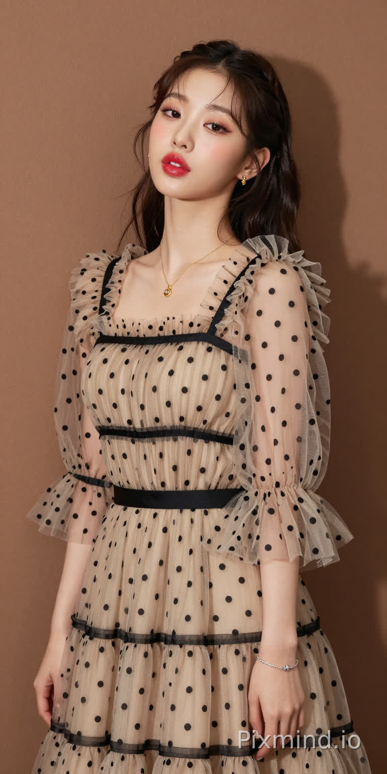 极具写实感的人像摄影,主角是韩国人气偶像张元英的绝美K-pop偶像少女。
她拥有精致如瓷娃娃般的面部特征,标志性的水润丰盈嘟嘟唇,涂着晶莹剔透的草莓红唇釉,画着精致的卧蚕和根根分明的睫毛,发型是双马尾,侧身站立,背部微微靠在一面温暖的棕色哑光墙上,墙面有着柔和细腻的纹理作为背景。
她的表情慵懒看着镜头,媚眼如丝,目光迷离,勾人眼神,五官精致,肌肤光滑,嘴唇微微张开。
她身着一条米色薄纱连衣裙,细节精致:轻盈通透的面料上点缀着黑色波点,黑色横条纹贯穿上身、腰部和裙摆,荷叶边褶皱为其增添了层次感。
连衣裙采用方领设计,温柔地勾勒出她的锁骨轮廓,搭配蓬松的钟形袖,袖口处有收紧的褶皱,让薄纱自然垂坠。一条细细的黑色腰带束在腰间,凸显出她的身材曲线。
她佩戴着精致的金色项链,配着小巧的吊坠,还有小巧的金色耳钉,左手腕上戴着一条银色手链。
她的指甲涂着浅色指甲油。
光线柔和自然,在墙上投下淡淡的阴影,同时凸显出薄纱的通透感、波点的纹理以及金色配饰的光泽。整个场景极度精细,写实主义风格,具有高电影级质感,8K分辨率,极致画质,注重真实的面料质感和自然的人物特征。