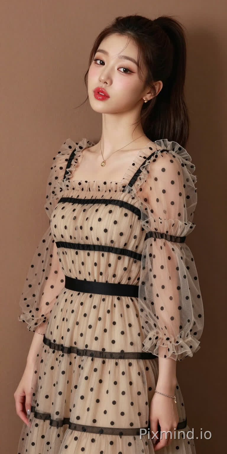极具写实感的人像摄影,主角是韩国人气偶像张元英的绝美K-pop偶像少女。
她拥有精致如瓷娃娃般的面部特征,标志性的水润丰盈嘟嘟唇,涂着晶莹剔透的草莓红唇釉,画着精致的卧蚕和根根分明的睫毛,发型是高马尾,侧身站立,背部微微靠在一面温暖的棕色哑光墙上,墙面有着柔和细腻的纹理作为背景。
她的表情慵懒看着镜头,媚眼如丝,目光迷离,勾人眼神,五官精致,肌肤光滑,嘴唇微微张开。
她身着一条米色薄纱连衣裙,细节精致:轻盈通透的面料上点缀着黑色波点,黑色横条纹贯穿上身、腰部和裙摆,荷叶边褶皱为其增添了层次感。
连衣裙采用方领设计,温柔地勾勒出她的锁骨轮廓,搭配蓬松的钟形袖,袖口处有收紧的褶皱,让薄纱自然垂坠。一条细细的黑色腰带束在腰间,凸显出她的身材曲线。
她佩戴着精致的金色项链,配着小巧的吊坠,还有小巧的金色耳钉,左手腕上戴着一条银色手链。
她的指甲涂着浅色指甲油。
光线柔和自然,在墙上投下淡淡的阴影,同时凸显出薄纱的通透感、波点的纹理以及金色配饰的光泽。整个场景极度精细,写实主义风格,具有高电影级质感,8K分辨率,极致画质,注重真实的面料质感和自然的人物特征。