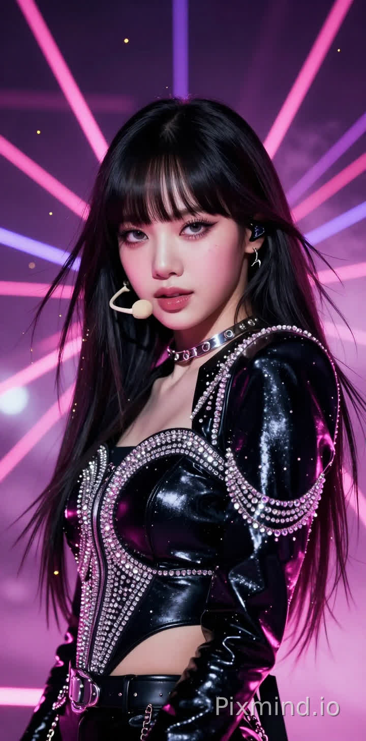 韩国顶级K-pop偶像LISA的超写实近景肖像,重点刻画她标志性的厚重齐刘海和如猫般迷人的大眼睛,妆容精致,神情自信而高冷,散发着无法抗拒的舞台魅力。她身着极具设计感的高级定制舞台服装,黑色漆皮材质与璀璨的银色水钻装饰交相辉映,展现出奢华与前卫的完美结合,颈部佩戴着精致的金属项圈。
场景设定在一个充满氛围感的演唱会舞台或MV拍摄现场,背景是迷离的霓虹灯光,粉色与紫色的激光束在身后交织,形成梦幻的景深效果(Bokeh),空气中漂浮着细微的金色发光粒子和舞台烟雾,营造出一种动感而神秘的氛围。
艺术风格采用电影级时尚摄影美学,结合了超逼真的CG渲染质感。光影处理极其考究,采用戏剧性的伦勃朗布光,强烈的边缘光(Rim Light)勾勒出人物的轮廓和发丝的细节,面部光影立体柔和。色彩方面强调标志性的黑粉色调(Black and Pink),对比度鲜明,色彩饱和度适中。
技术参数:8K超高清分辨率,极度精细的皮肤纹理,发丝根根分明,衣物材质触感真实,光线追踪,Octane渲染,微距细节,大师级构图,视觉冲击力极强,最佳画质,杰作,细节繁复(intricate details)。