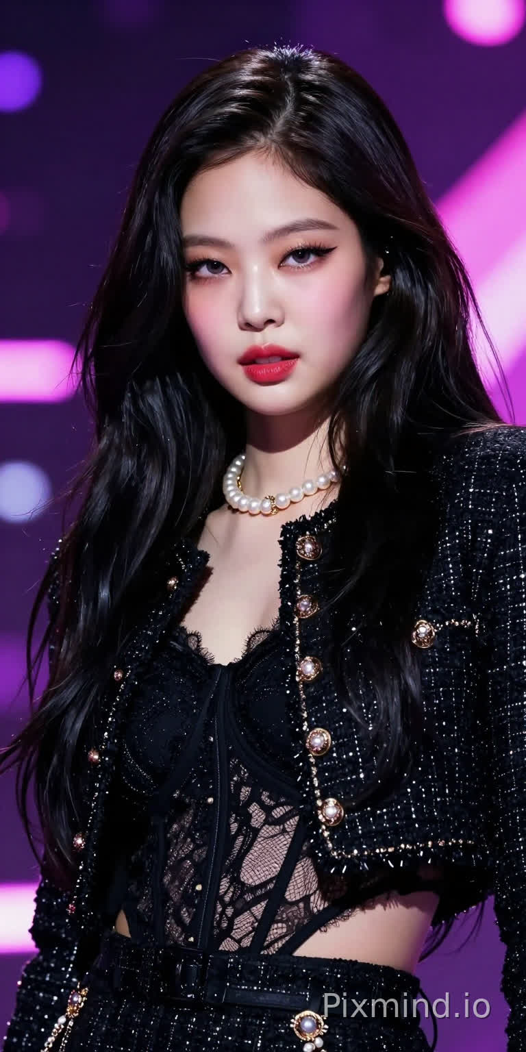 一幅极其逼真且令人惊叹的韩国女子组合Blackpink成员Jennie Kim的人物肖像。主体展现了她标志性的“猫系”面容,眼神慵懒而犀利,妆容精致,重点突出上挑的眼线和丰满的红唇,皮肤呈现出晶莹剔透的陶瓷质感。她留着一头乌黑浓密的丝绸般长波浪卷发,发丝随风轻轻飘动。身着一件设计繁复的高级定制黑色粗花呢夹克,内搭蕾丝装饰的紧身衣,佩戴着闪耀的复古珍珠项链,完美融合了奢华名媛风与K-pop潮流美学。
背景置于一个光影交错的梦幻舞台幕后,深邃的黑暗中点缀着模糊的紫色与粉色霓虹光斑,形成绚丽的散景效果(Bokeh),营造出一种高冷而神秘的氛围。
艺术风格采用顶级时尚杂志(Vogue)的封面摄影风格,结合了超写实主义绘画的细腻质感。光照采用电影级的伦勃朗布光,柔和的主光照亮面部细节,强烈的轮廓光(Rim Light)勾勒出人物边缘,增强立体感。色彩上以经典的黑色、粉色和金色为主调,对比鲜明。
构图采用中近景肖像,焦点完美锁定在她的眼睛上,浅景深虚化背景。技术参数要求8k超高分辨率,HDR高动态范围,极致的纹理细节,发丝清晰可见,逼真的皮肤毛孔,杰作级画质,Ray Tracing光线追踪渲染。