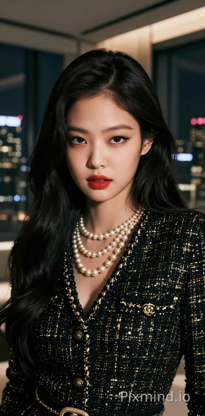 Jennie Kim的绝美超写实肖像,这位韩国K-pop偶像展现出她标志性的“人间香奈儿”猫系冷艳美感。她拥有极其精致的面部特征,迷人的杏眼含着一丝慵懒与高傲,眼神深邃有力,丰盈的红唇微微轻启,无瑕的瓷白肌肤散发着细腻的光泽。她身着一件黑色与金色交织的高级定制粗花呢外套(Tweed Jacket),剪裁修身,颈间佩戴着层叠的复古珍珠项链,展现出奢华与时尚的完美融合。一头乌黑柔顺的长波浪卷发自然披散在肩头,发丝在灯光下闪烁着健康的光泽。
背景是经过虚化处理(Bokeh)的现代极简主义豪华室内,透过落地窗可以看到模糊璀璨的城市夜景,营造出一种高贵、神秘且充满都市感的氛围。
艺术风格采用顶级时尚摄影(Fashion Photography)和Vogue杂志封面大片的质感。构图采用经典的特写人像构图,强调人物的情绪与气质。
光照方面,使用专业的影棚柔光箱设置,主光柔和地打在面部,形成立体的伦勃朗光效果,侧后方的边缘光勾勒出轮廓线条,使人物与背景分离。色彩呈现出电影胶片感,色调偏向优雅的冷暖对比,黑色深邃,金色耀眼。
画质达到8k分辨率,超高清,极致细节表现。面部微小的毛孔清晰可见,衣物的织物纹理极其逼真,头发丝丝分明,HDR高动态范围,光影渲染细腻,照片级真实感(Photorealistic),是一幅令人惊叹的视觉杰作。