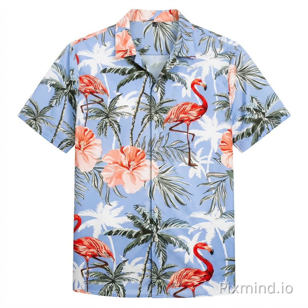 A light blue short-sleeve shirt featuring a Hawaiian-style print design, with key elements including red flamingos, pink hibiscus flowers, green palm trees, and white leaf patterns, creating a fresh and vibrant color palette. The shirt features a button-down collar with white buttons. The overall composition is symmetrical and evokes a tropical vacation vibe. The details showcase flamingos in various poses, with flowers and palm leaves arranged in an interlaced pattern, creating a vibrant, summery casual feel.Translated with DeepL.com (free version)