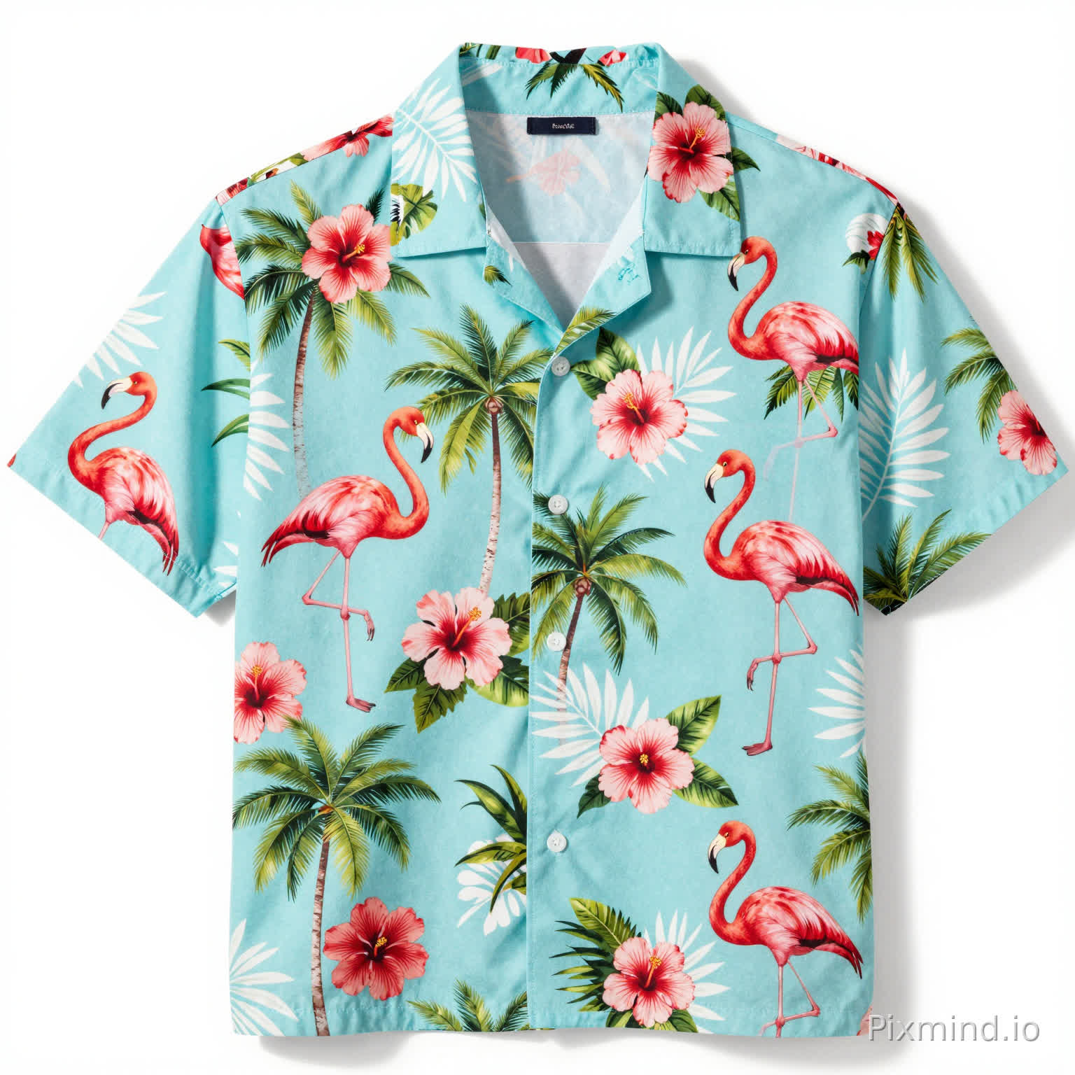 A light blue short-sleeve shirt featuring a Hawaiian-style print design, with key elements including red flamingos, pink hibiscus flowers, green palm trees, and white leaf patterns, creating a fresh and vibrant color palette. The shirt features a button-down collar with white buttons. The overall composition is symmetrical and evokes a tropical vacation vibe. The details showcase flamingos in various poses, with flowers and palm leaves arranged in an interlaced pattern, creating a vibrant, summery casual feel.Translated with DeepL.com (free version)