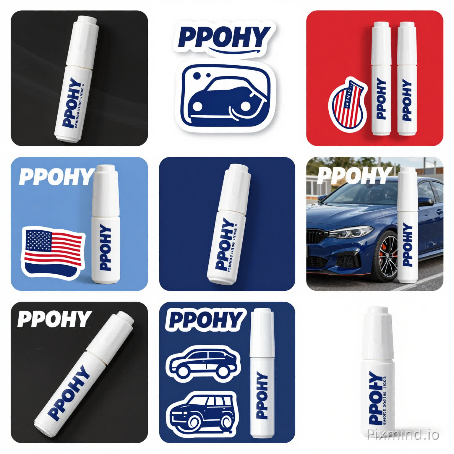 My product is a car touch up pen. I want different styles, sold on Amazon, in English, with a deep understanding of reference images. The styles should be diverse, and the stickers should have the brand PPOHY. I need to generate multiple versions of eye-catching color matching designs that fit the American aesthetic. I need professionalism. Please generate 10 pictures for me, with multiple designs and colors, keeping only the main body of the product and removing all other miscellaneous items. The lid is also white, and the bottle is white