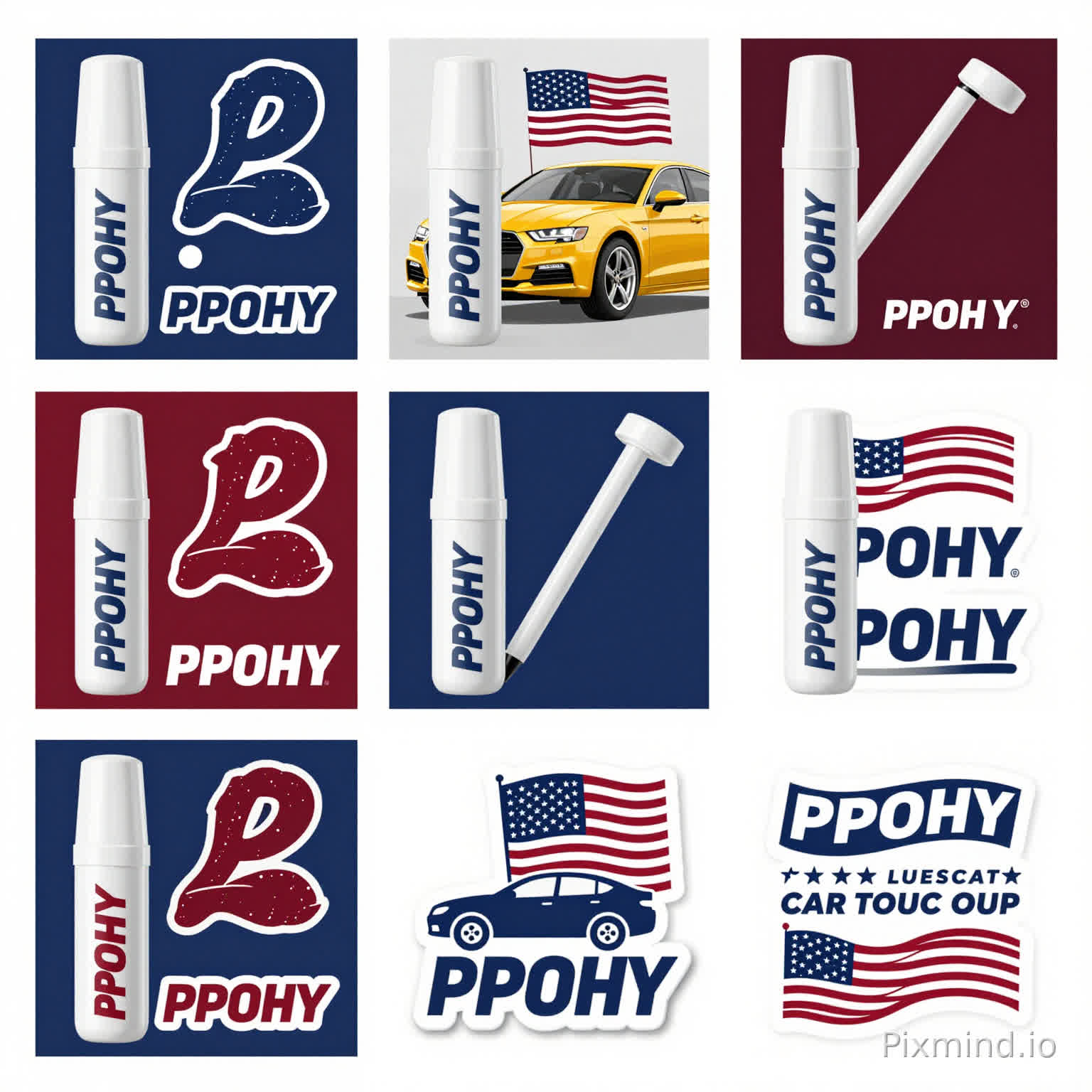 My product is a car touch up pen. I want different styles, sold on Amazon, in English, with a deep understanding of reference images. The styles should be diverse, and the stickers should have the brand PPOHY. I need to generate multiple versions of eye-catching color matching designs that fit the American aesthetic. I need professionalism. Please generate 10 pictures for me, with multiple designs and colors, keeping only the main body of the product and removing all other miscellaneous items. The lid is also white, and the bottle is white