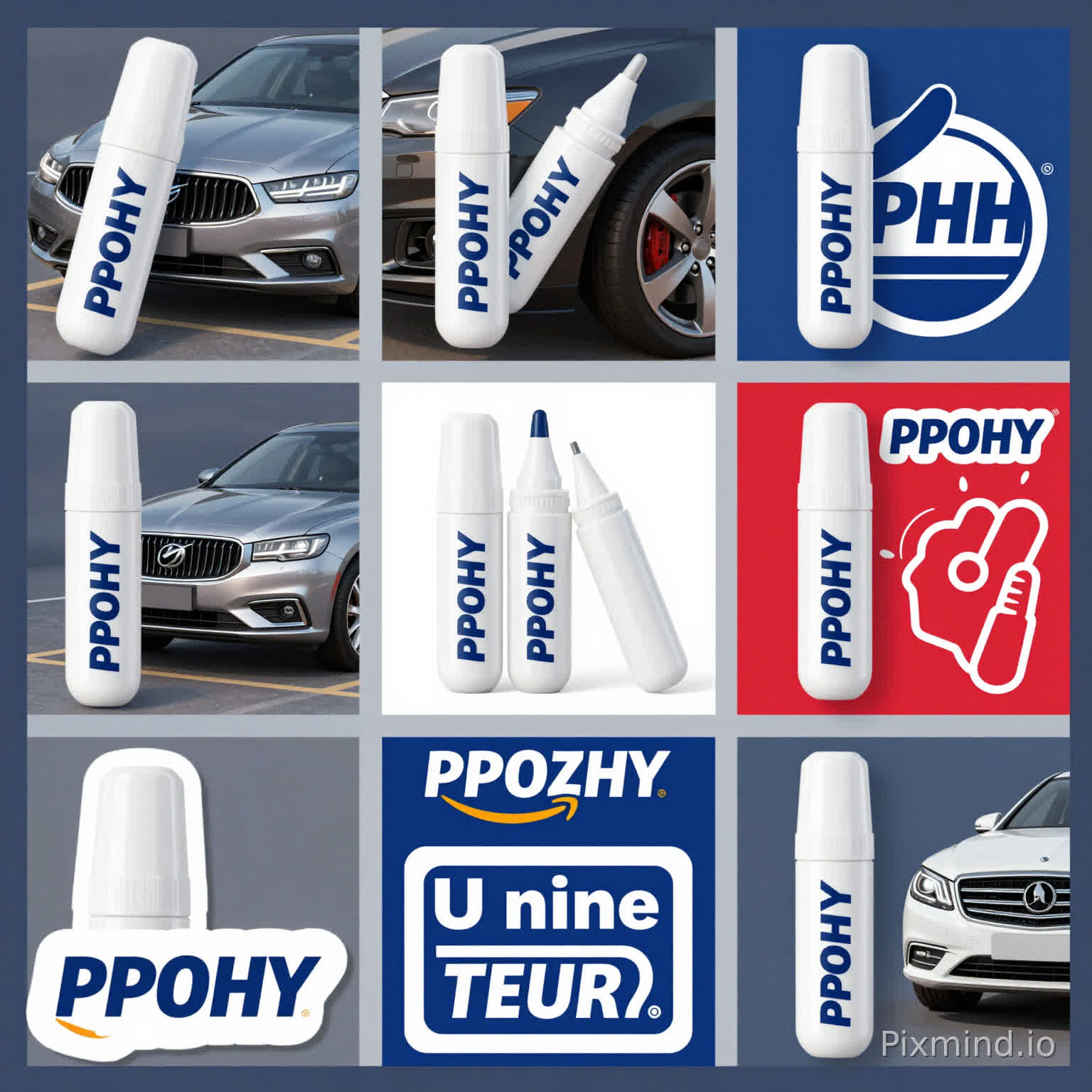 My product is a car touch up pen. I want different styles, sold on Amazon, in English, with a deep understanding of reference images. The styles should be diverse, and the stickers should have the brand PPOHY. I need to generate multiple versions of eye-catching color matching designs that fit the American aesthetic. I need professionalism. Please generate 10 pictures for me, with multiple designs and colors, keeping only the main body of the product and removing all other miscellaneous items. The lid is also white, and the bottle is white