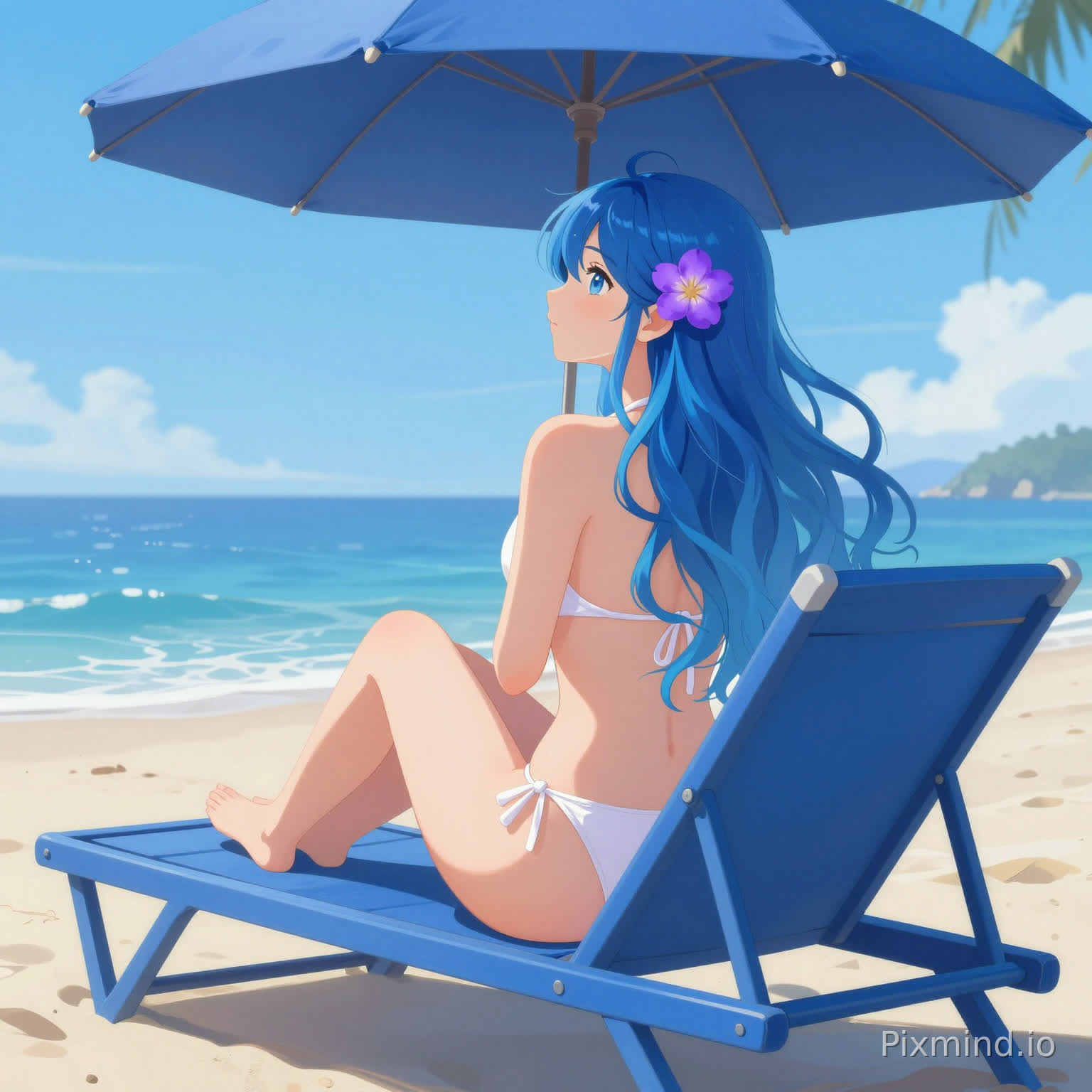 The image is a digital illustration of a woman sitting on a blue lounge chair on a beach. She is wearing a white bikini and has long blue hair that is styled in loose waves. The woman is facing away from the camera and her back is turned towards the camera. She has a purple flower in her hair and is holding a blue umbrella. The background shows a beautiful blue ocean and a clear blue sky. The overall mood of the image is peaceful and serene.