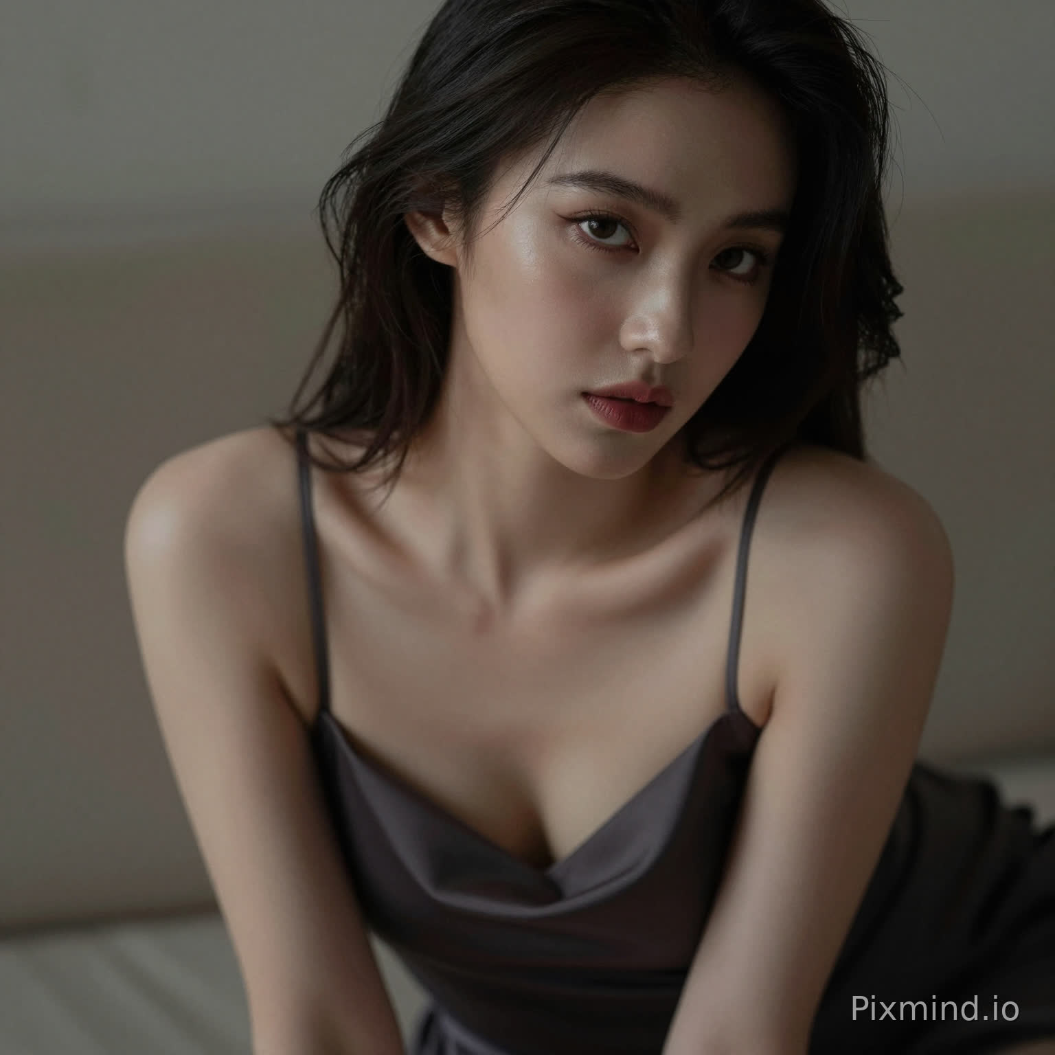 A sensual woman leaning slightly forward, deep neckline dress, subtle cleavage, inviting gaze, soft focus background, intimate framing, realistic skin highlights, moody lighting, editorial sensual photography