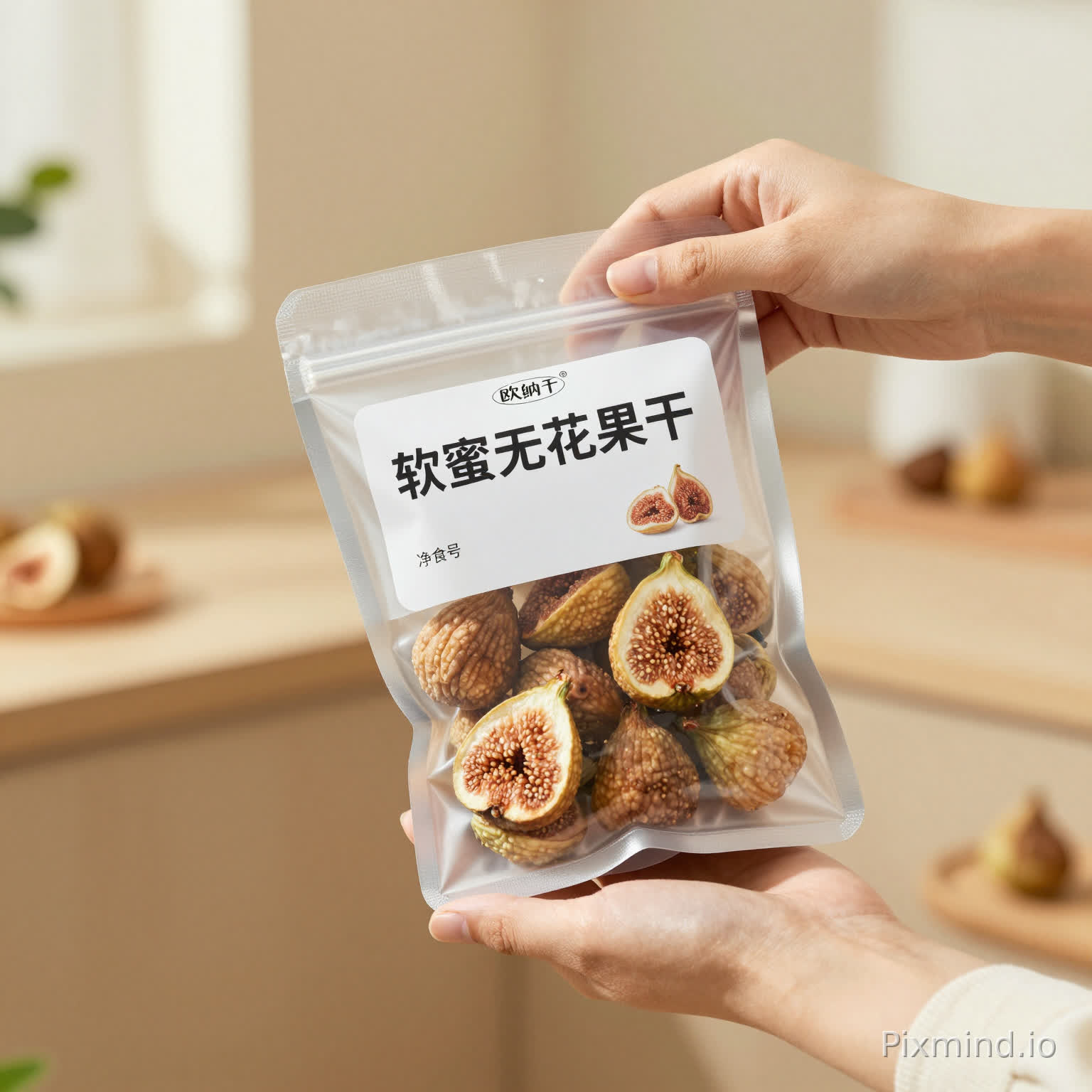 A woman's hand holding a transparent bag of dried figs labeled "软蜜无花果干", slow 360-degree rotation, warm kitchen background, soft natural light, commercial product photography, ultra realistic, 4K, clean 画面,no watermark.