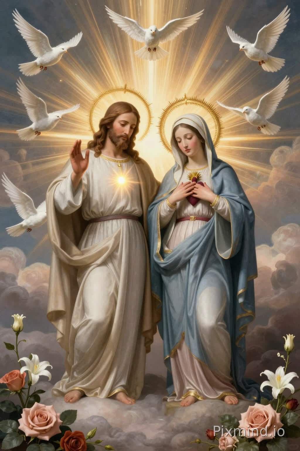 帮我生成图片:Jesus and Virgin Mary, standing side by side, Sacred Heart glowing on chest, Jesus raising one hand in blessing, Mary holding her heart, golden halo, radiant light beams, white doves, soft clouds, roses and lilies, baroque catholic sacred art, ultra detailed, symmetrical composition, masterpiece,比例 「2:3」