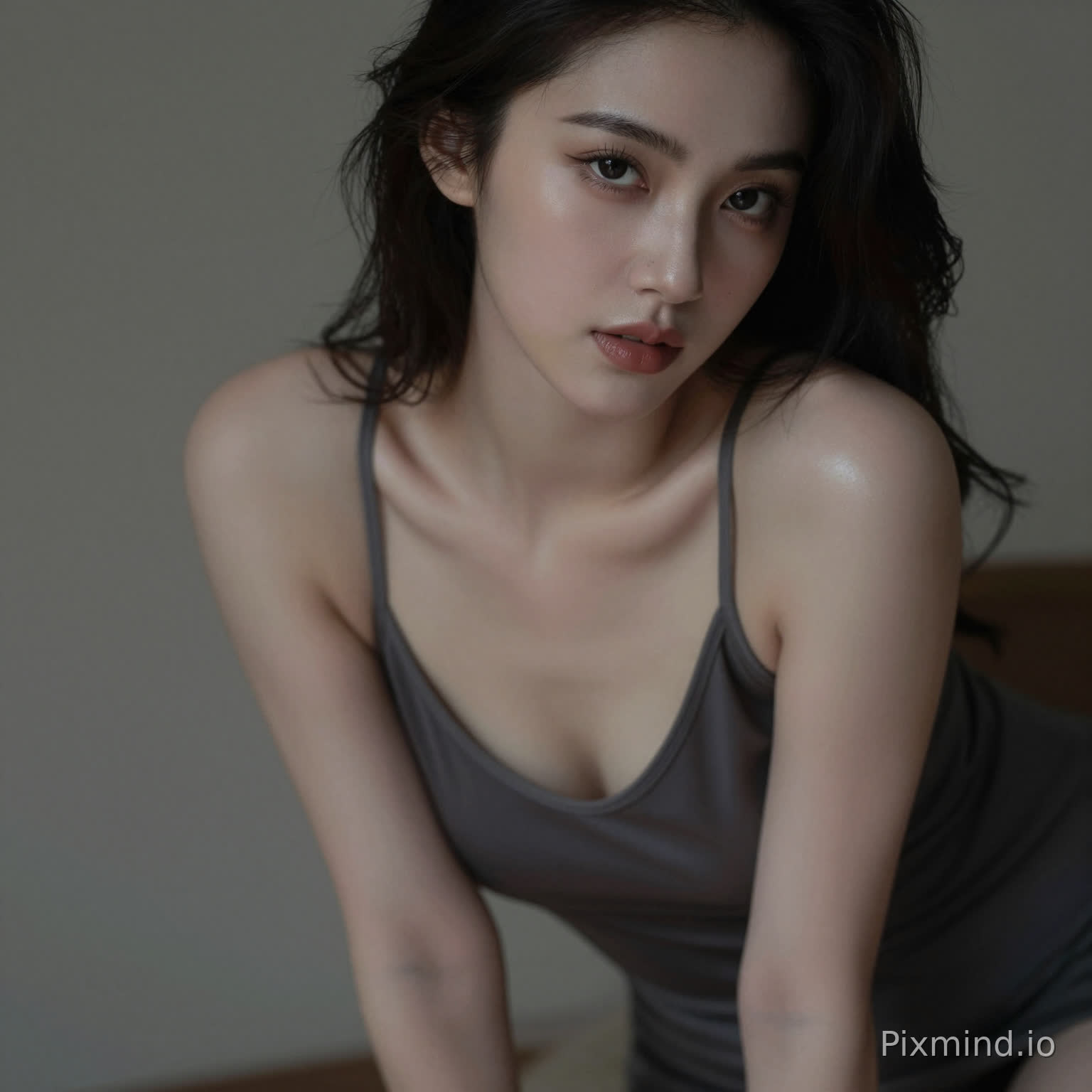 A sensual woman leaning slightly forward, deep neckline dress, subtle cleavage, inviting gaze, soft focus background, intimate framing, realistic skin highlights, moody lighting, editorial sensual photography