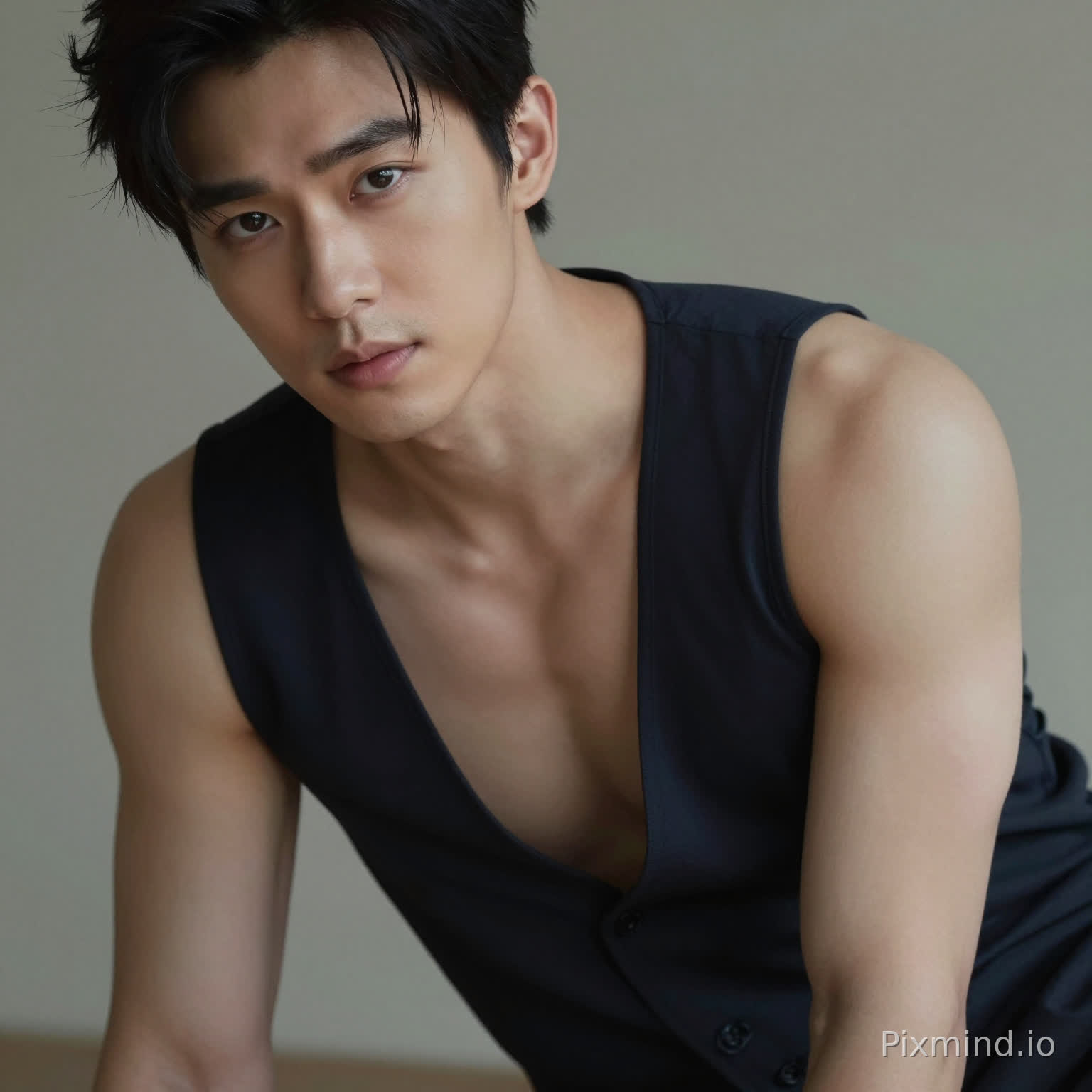 A sensual man leaning slightly forward, deep neckline dress, subtle cleavage, inviting gaze, soft focus background, intimate framing, realistic skin highlights, moody lighting, editorial sensual photography
