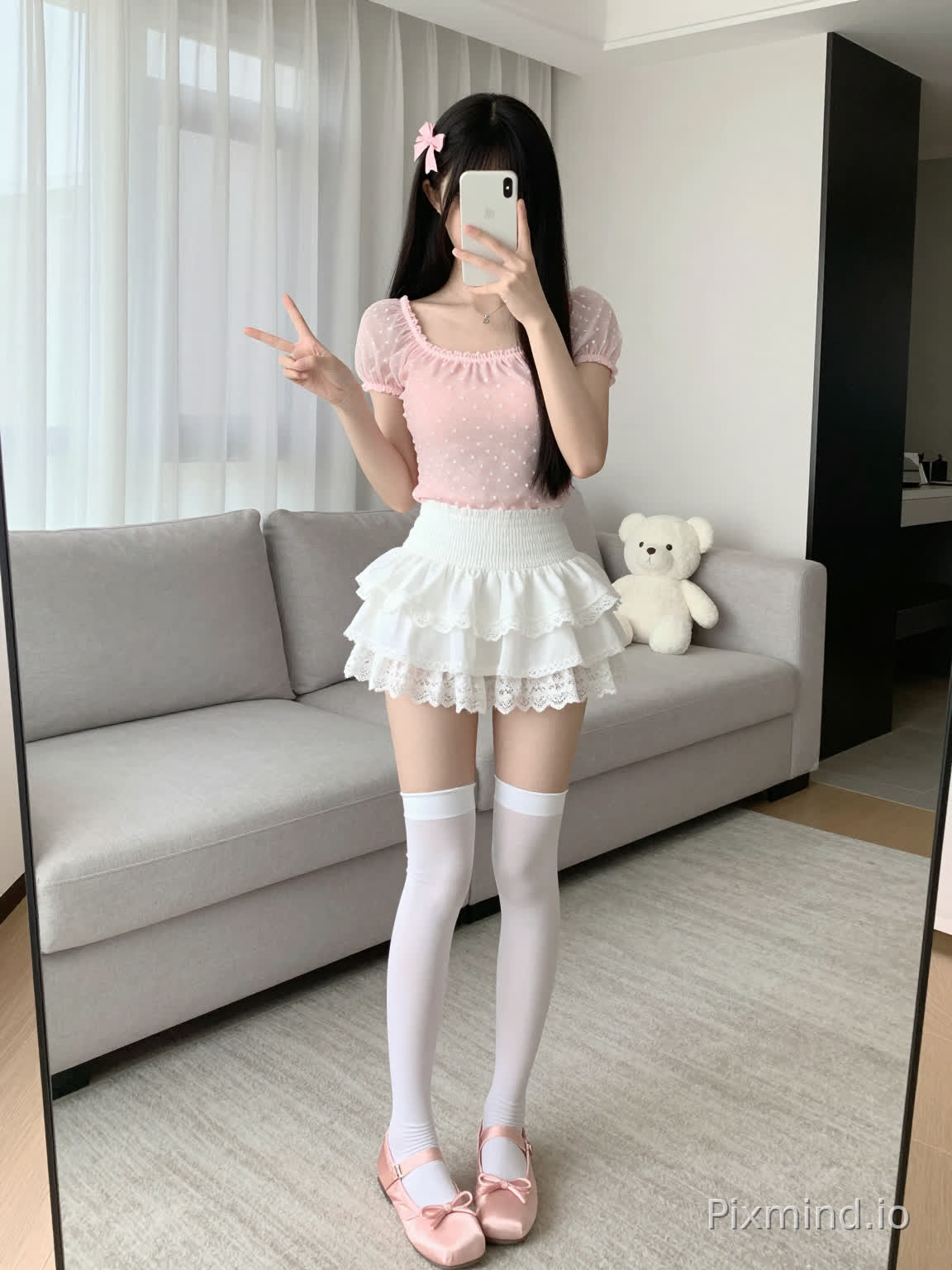 1girl, long black straight hair reaching to shoulders, pink bow hair accessory on left side of head, square neckline, short puffy sleeves, pink short-sleeve top with white polka dot mesh details on chest, white ruffled mini skirt with lace trim, high-waisted, frilly hem, white over-the-knee socks with crumpled texture, pink ballet flats with small bow on toe, holding off-white smartphone with apple logo in left hand, taking mirror selfie, right hand making peace sign, cute smile, soft and sweet facial expression, white teddy bear plush toy placed on light gray sofa in background, light gray modular sofa, white vertical blinds on the wall, floor-to-ceiling white sheer curtains, allowing soft natural light to filter in, bright and warm lighting, light gray shaggy carpet on wooden floor, modern minimalist room with black and white wall accents, mirror in foreground reflecting the scene, high detail, soft lines, anime-style illustration, pastel color palette, detailed clothing textures, realistic but with cute aesthetic, 8K resolution, ultra-detailed, soft shadows, clean composition, focus on the girl with natural background blur.