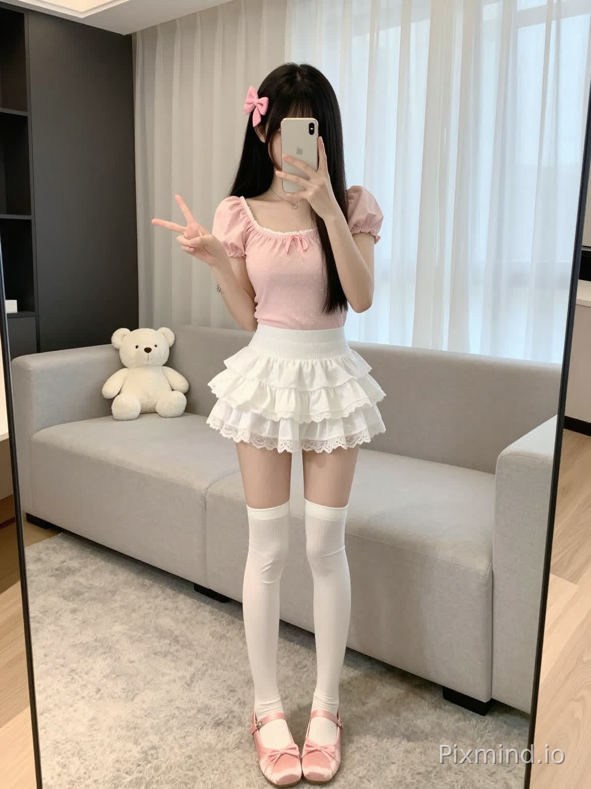 1girl, long black straight hair reaching to shoulders, pink bow hair accessory on left side of head, square neckline, short puffy sleeves, pink short-sleeve top with white polka dot mesh details on chest, white ruffled mini skirt with lace trim, high-waisted, frilly hem, white over-the-knee socks with crumpled texture, pink ballet flats with small bow on toe, holding off-white smartphone with apple logo in left hand, taking mirror selfie, right hand making peace sign, cute smile, soft and sweet facial expression, white teddy bear plush toy placed on light gray sofa in background, light gray modular sofa, white vertical blinds on the wall, floor-to-ceiling white sheer curtains, allowing soft natural light to filter in, bright and warm lighting, light gray shaggy carpet on wooden floor, modern minimalist room with black and white wall accents, mirror in foreground reflecting the scene, high detail, soft lines, anime-style illustration, pastel color palette, detailed clothing textures, realistic but with cute aesthetic, 8K resolution, ultra-detailed, soft shadows, clean composition, focus on the girl with natural background blur.