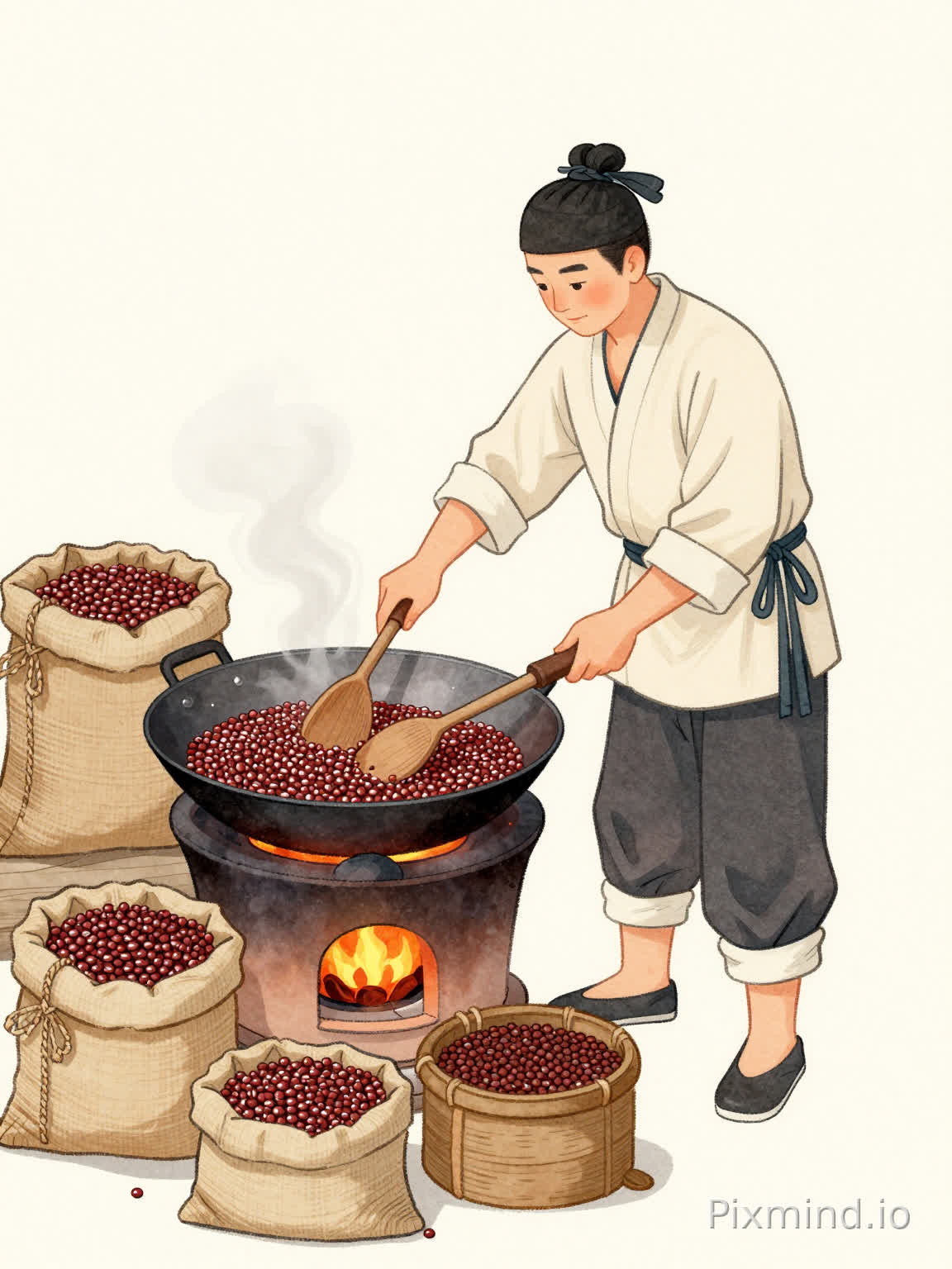 这幅中国古风线稿 + 淡彩风格的插画,完美呈现了古代民间手工炒制赤小豆的劳作场景。画面中,身着传统服饰的中年男子专注地翻炒着铁锅中的赤小豆,炉火熊熊,麻布袋中的原料整齐摆放,整体呈现出温暖质朴的民间生活气息,线条流畅,色彩淡雅古朴,完美还原了传统手工炒制的烟火气