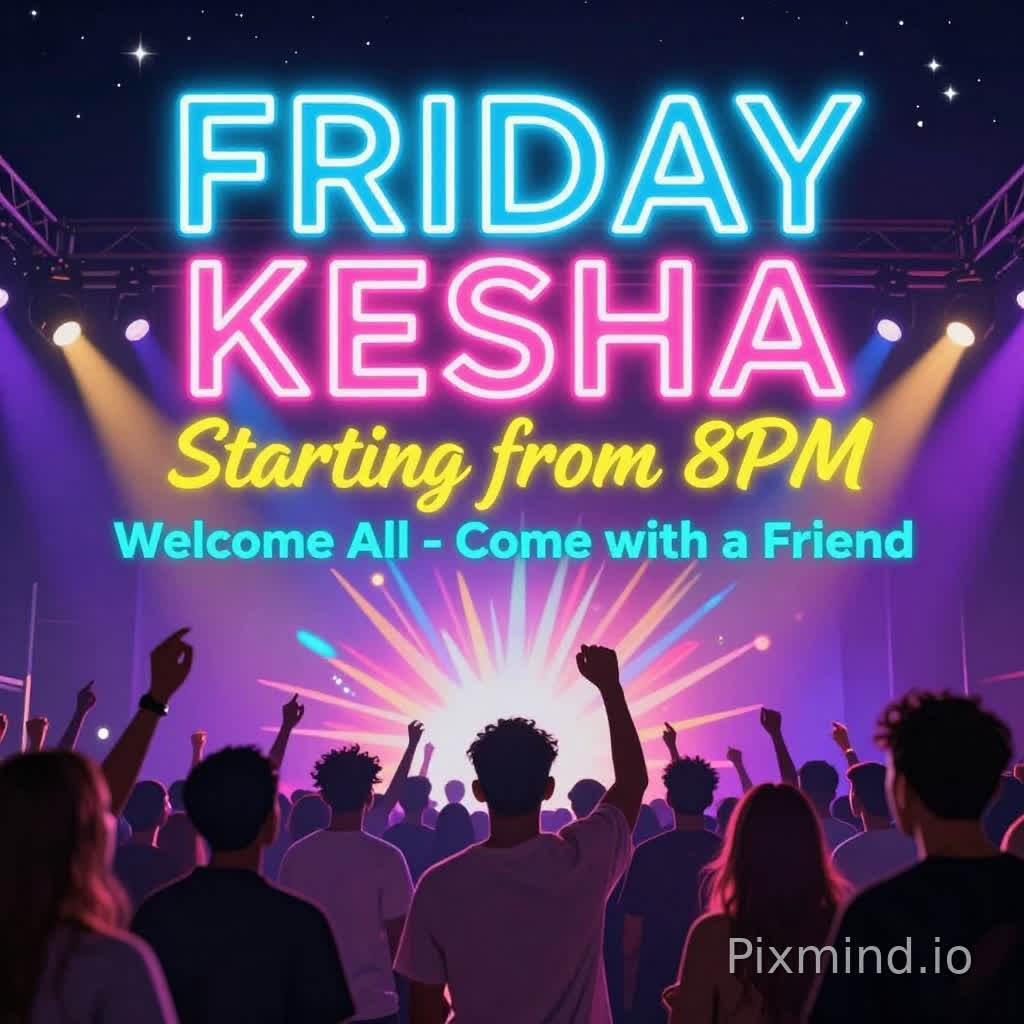 "A vibrant, youth-oriented promotional poster for 'Friday Kesha' event starting at 8pm. Bold glowing text 'FRIDAY KESHA' at the top in stylish neon-gradient font (electric blue to hot pink), subtitle 'Starting from 8PM' in playful yellow script, and 'Welcome All - Come with a Friend' below in turquoise. Dynamic nighttime worship vibe with starry sky, soft spotlights, abstract energy bursts, and diverse young people silhouette in the background. Beautiful colors: electric blues, hot pinks, vibrant purples, sunny yellows, turquoise accents on dark gradient background. Vertical 9:16 for TikTok/Instagram, high-energy, inviting atmosphere for Christian youth."