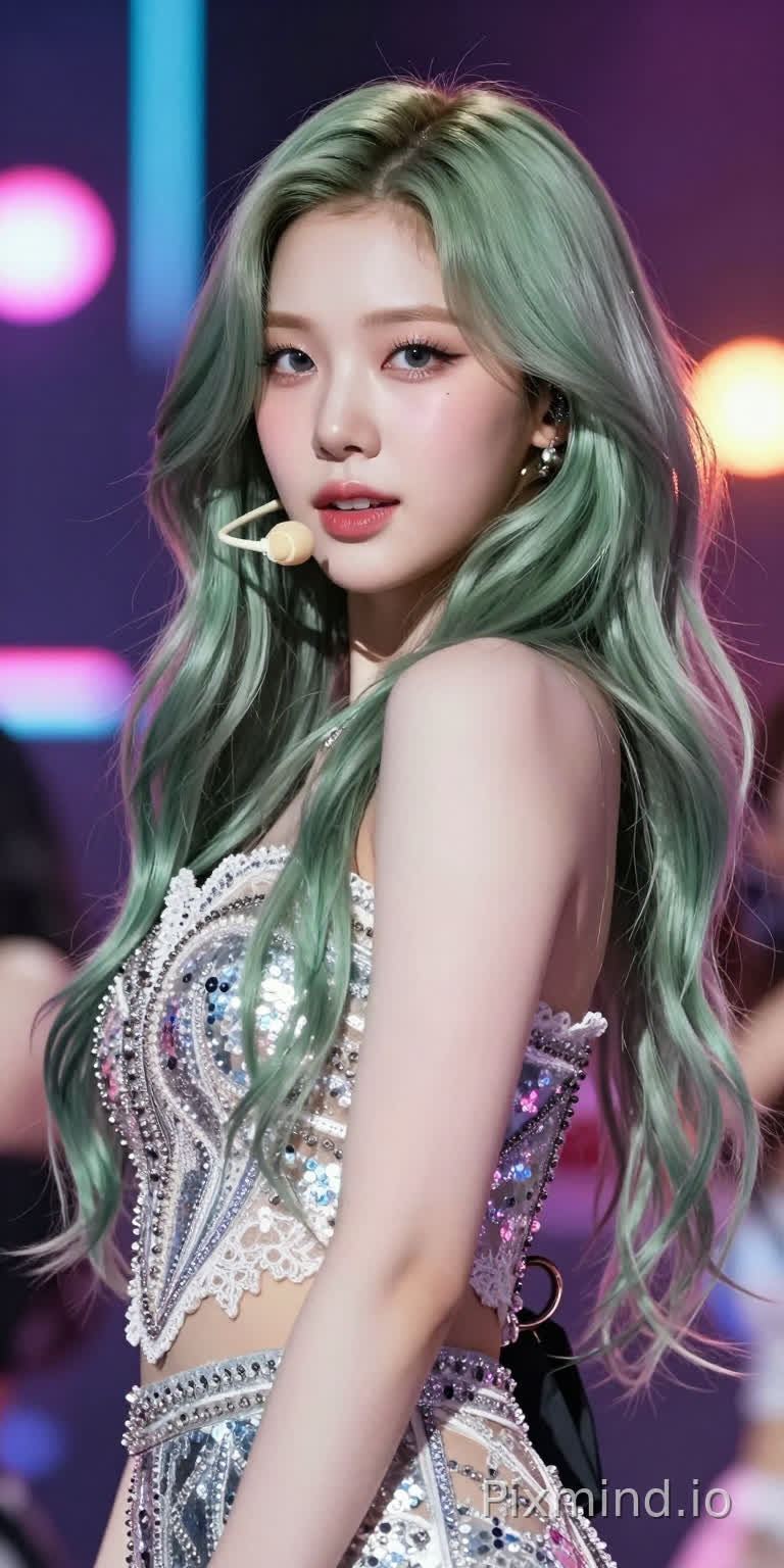 韩国女歌手NANCY(李承利)的超写实半身肖像,展现其标志性的混血美貌与偶像气质。主体拥有精致立体的五官,深邃灵动的双眼,细腻如瓷的肌肤,以及一头柔顺的亚麻灰绿色微卷长发,发丝在灯光下闪耀着丝绸般的光泽。她身着一套高级定制的K-pop舞台演出服,服装上点缀着繁复的银色亮片与精致蕾丝,展现出华丽而时尚的质感。
场景设定在一个梦幻般的舞台环境,背景深度虚化,五彩斑斓的霓虹灯光形成迷人的Bokeh光斑,营造出如梦似幻的演唱会氛围。
艺术风格偏向于高端时尚杂志摄影与电影级CG渲染的结合,追求极致的写实感与唯美主义。
技术参数方面,采用专业的影棚布光,柔和的伦勃朗光照亮面部细节,配合强烈的轮廓光(Rim Light)勾勒身形与发丝,增强画面的立体感。色彩运用丰富,冷暖色调微妙对比。构图采用经典的中心构图或三分法,使用85mm人像镜头焦段,光圈f/1.8。
质量标签:8k分辨率,超高清,大师级作品,极致的细节描绘,逼真的皮肤纹理,光影追踪,完美构图。