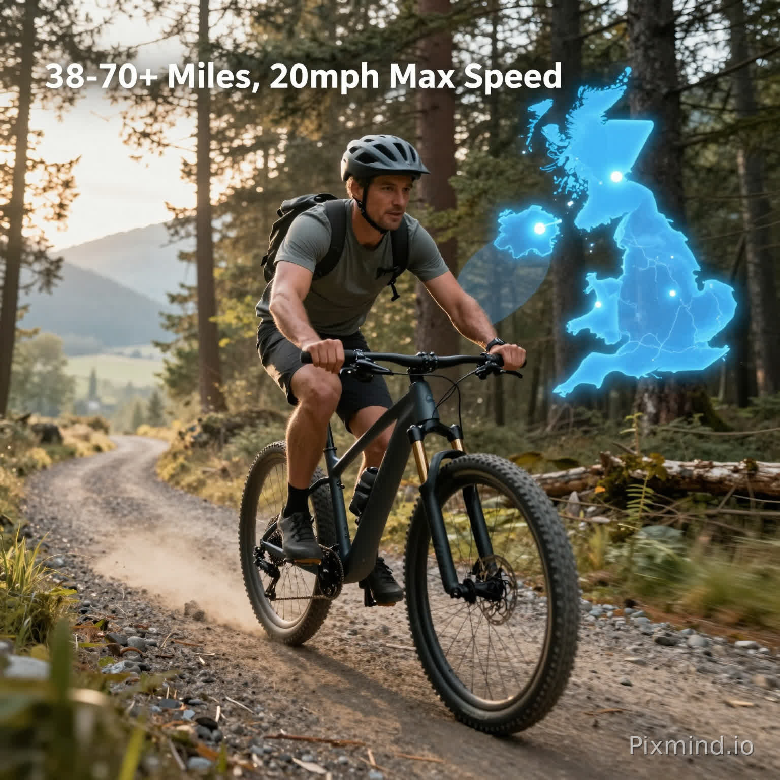 15-second cinematic commercial video, realistic, high detail.
Middle-aged Caucasian man riding a matte black electric mountain bike on a forest gravel trail, moving forward, slight dust.
Golden hour, warm backlight, dappled sunlight through pine trees, misty mountains background.
Sharp focus on rider and bike, cinematic depth of field, warm natural tones.
Top-left text: "38-70+ Miles, 20mph Max Speed".
Right side: glowing neon blue UK map with light markers, semi-transparent.
Smooth low-angle tracking shot, slow follow movement.
Dynamic, adventurous, premium outdoor lifestyle.
