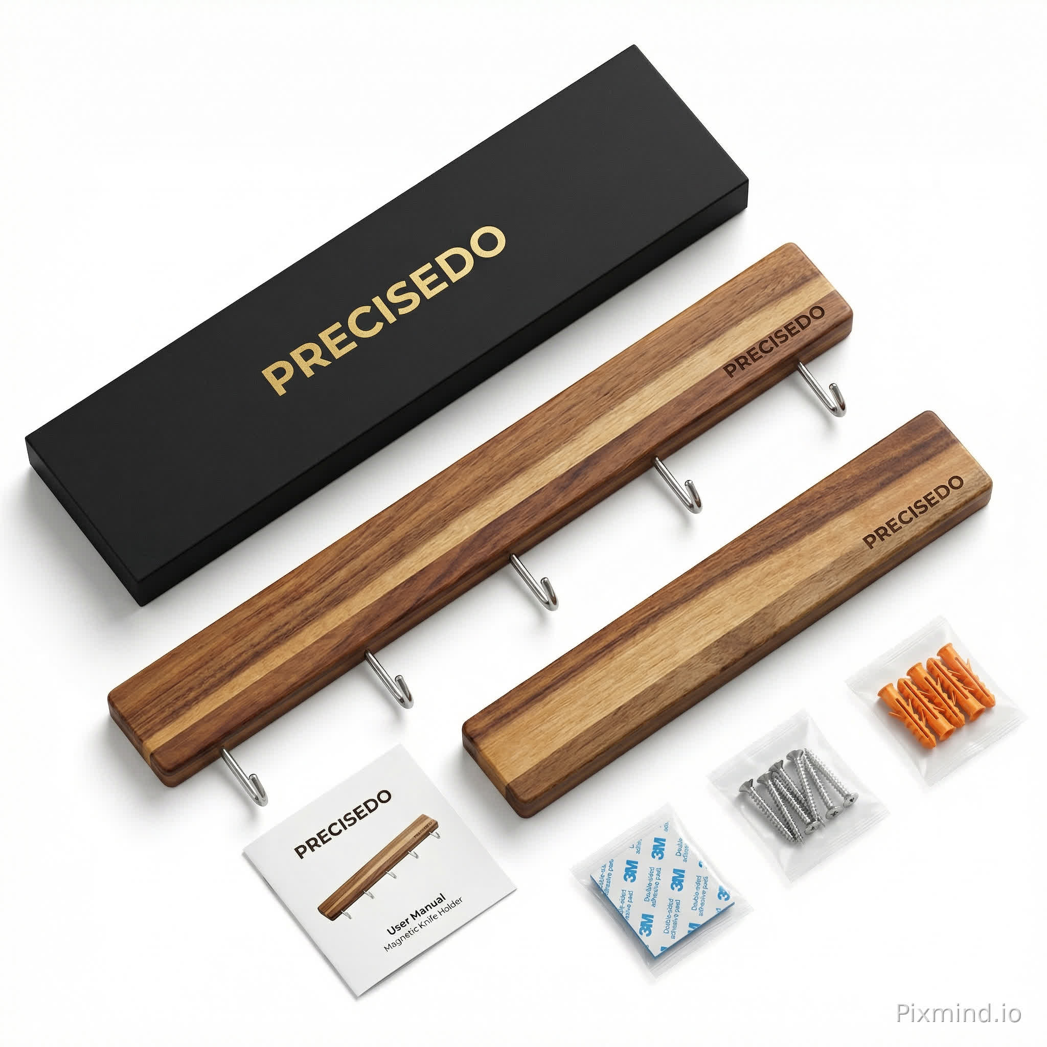 Commercial product photography, top-down flat lay view, premium natural acacia wood magnetic knife holder set, pure white background, soft studio top-side box lighting, hyper-realistic, ultra-detailed texture, sharp edges, clean minimalist aesthetic, delicate natural drop shadow, 8k resolution, Octane Render. --ar 1:1 --v 6.0