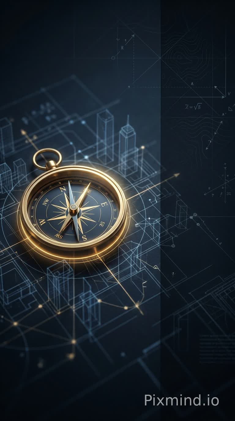 A conceptual business background representing strategy, blueprint, and certainty. A glowing golden compass on top of subtle, futuristic architectural blueprint lines. Dark navy blue and dark grey background. Minimalist, premium corporate aesthetic, McKinsey consulting style. Cinematic lighting, depth of field, 8k resolution, elegant, highly detailed. No text. Space for copy on the right side. --ar 9:16 --v 6.0