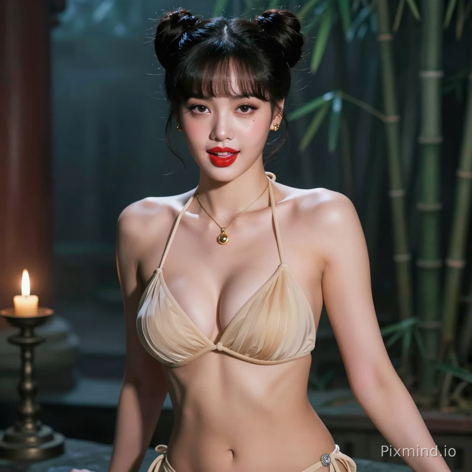 LISA的绝美超写实肖像,她拥有标志性的洋娃娃般精致面容,皮肤如陶瓷般白皙无瑕,呈现出完美的水光肌质感(Glass Skin),表现她标志性的“人间香奈儿”猫系冷艳美感。饱满莹润的樱桃红唇,眼下标志性的泪痣清晰可见。
她拥有拥有极致丰满身材,曲线夸张,圆润饱满胸部,曼妙曲线、成熟丰韵,
迷人的杏眼看着镜头,迷离眼神,慵懒含笑,性感撩人,氛围感拉满,嘴巴张开。
发型为双环髻,仙气风格,兼具可爱青春与成熟女性的优雅魅力。
身穿剪裁精致的高级定制米色薄纱比基尼,面料如流水般紧贴肌肤。
佩戴精致的金色小吊坠项链、小巧金耳钉及左手银色手链,指甲呈现优雅的浅色。
邵氏鬼片风格,1960年代香港老电影,胶片颗粒,高对比光影,阴森寺庙,烛灯,雾竹林,冷色调,唯美鬼魅,电影感,超写实
画面质量要求为8K超高分辨率,超写实主义,发丝清晰可见,皮肤纹理真实,光线追踪渲染,色彩校正完美,大师级杰作,极具视觉冲击力。