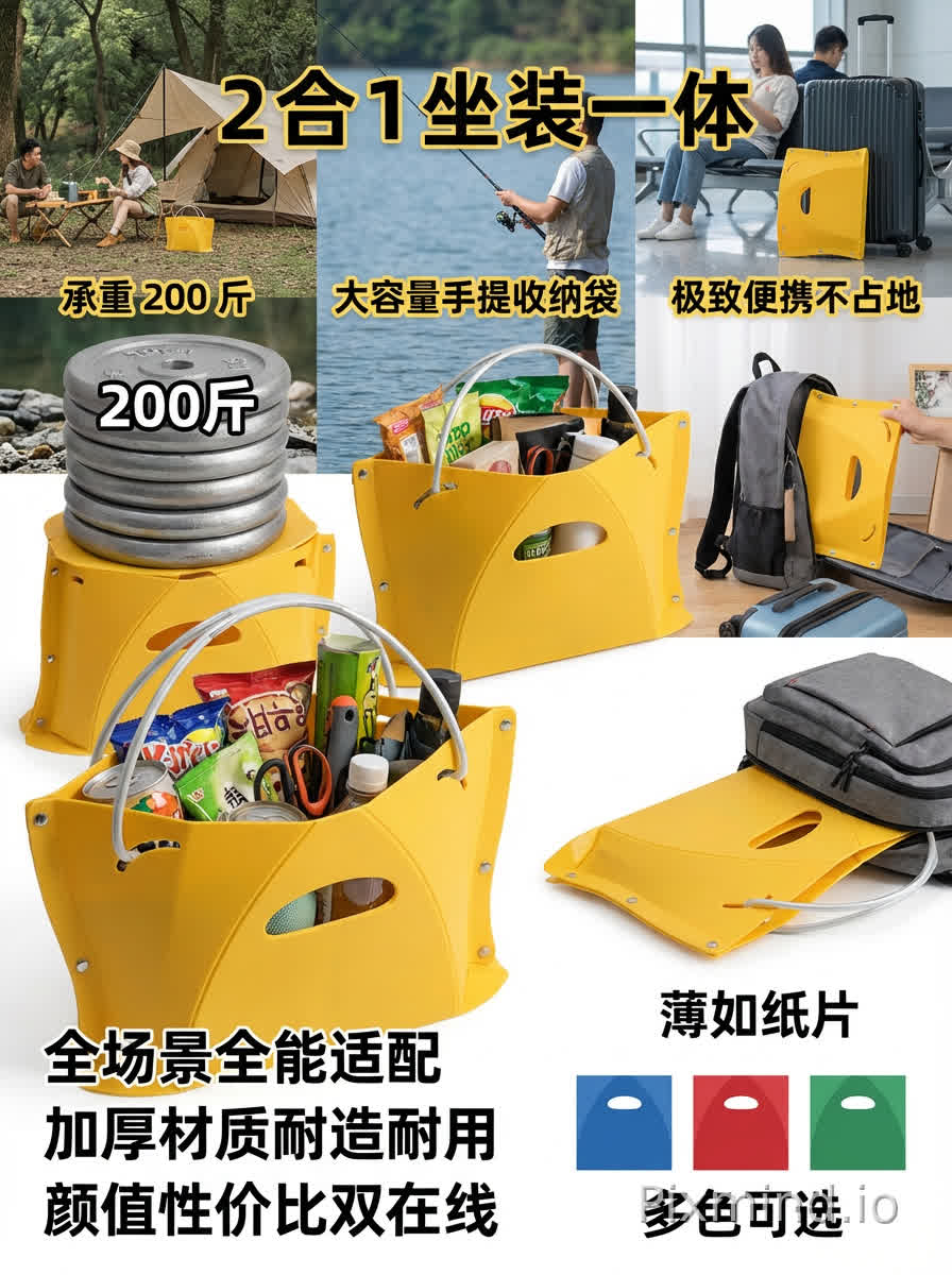 2 合 1 坐装一体既是可承重 200 斤的稳固小板凳,又是大容量手提收纳袋,坐歇时还能收纳零食、工具、野餐用品等随身物品,彻底解决 “带凳麻烦、带包累赘” 的出行痛点。
极致便携不占地折叠后薄如纸片,体积轻盈小巧,能轻松塞进背包、行李箱或汽车后备箱,随身携带无负担,告别 bulky 装备的拖累,随时随地方便取用。
全场景全能适配露营、钓鱼、排队候车、遛娃出行都能用,居家也可当临时换鞋凳,加厚材质耐造耐用,室内户外场景都能 hold 住,是真正的 “出行万能小帮手”。
颜值性价比双在线多色可选,简约时尚的设计兼具实用性与视觉吸引力,价格亲民实惠,既好用又好看,是自用、送礼都合适的高性价比好物。