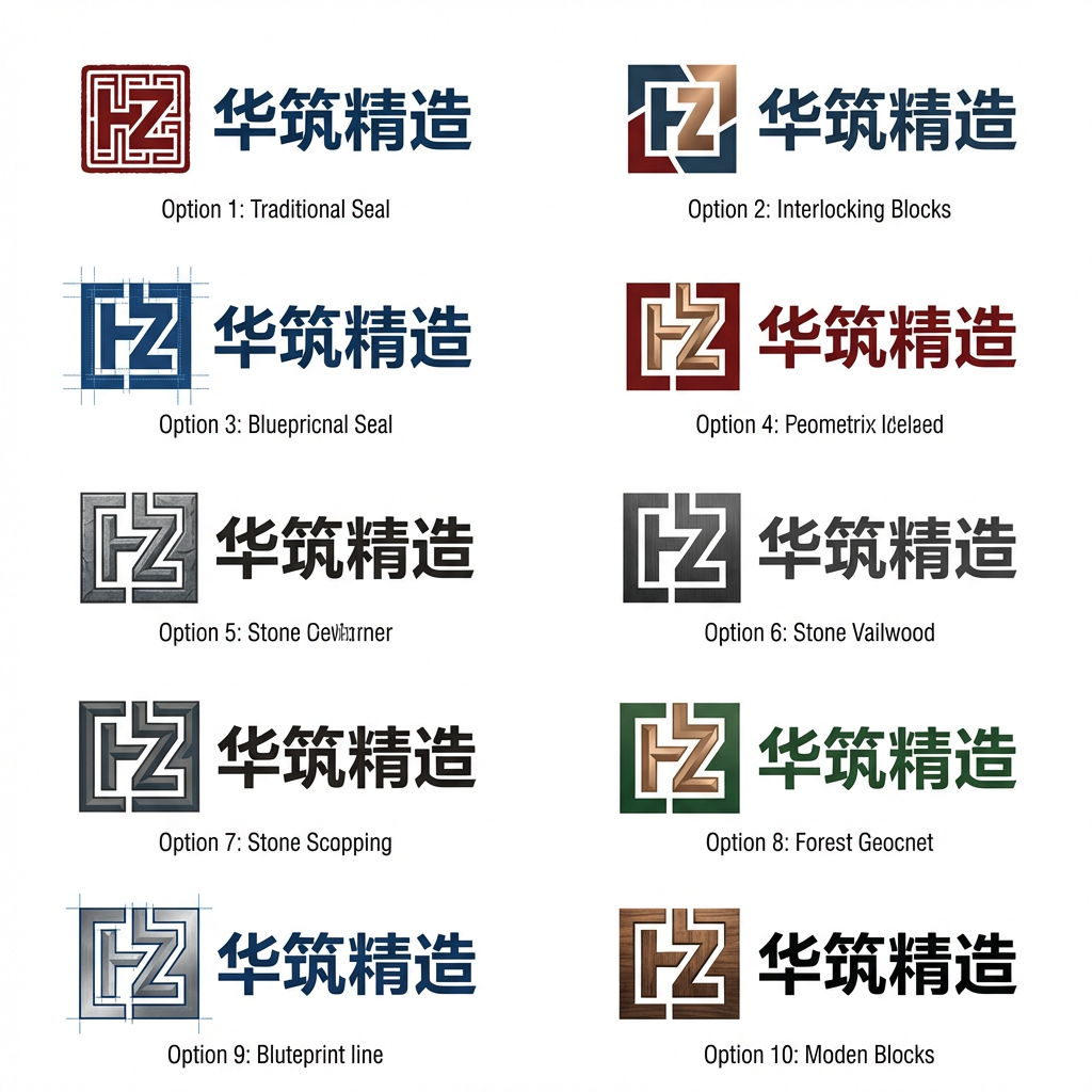 我需要你帮我设计一个 logo, 这个 logo 叫华筑精造。华是中华的华,筑是建筑的筑,精是精细的精,造就是造就的造。那么帮我设计一个稳重,然后呢因为我们是做装修行业的,所以华筑两个字我用 H 和 Z 组成一个图形的商标,这个图形的商标里面要含 H 和 Z。然后我希望这个商标呢是方方正正的,然后能把 H 和 Z 这两个字母呢巧妙的结合到一起,然后再把中文华筑精造放在旁边。我需要10个不同的设计