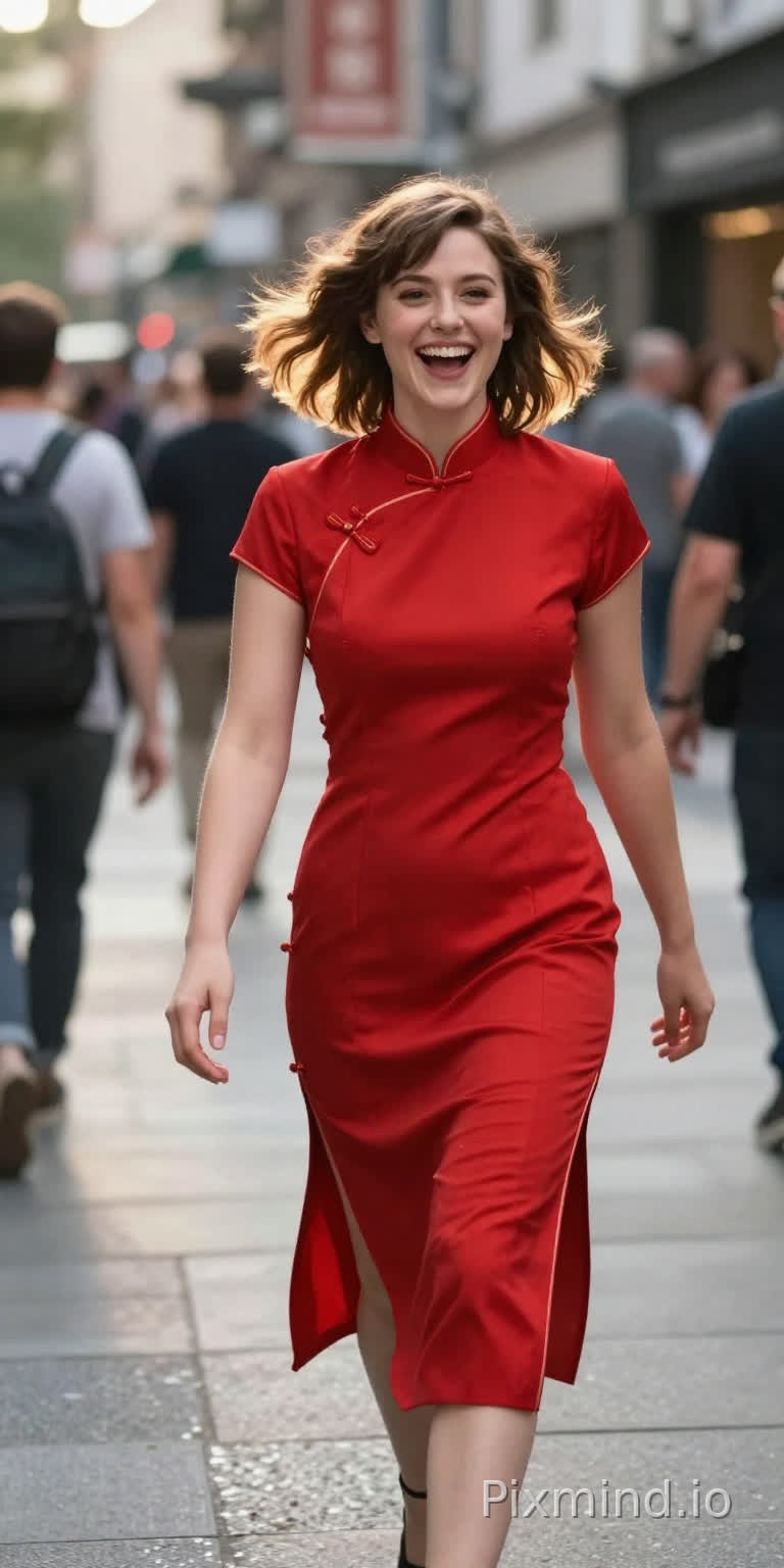 Mary Elizabeth Winstead wearing a vibrant red cheongsam with modern cut, mid-action shot, laughing while walking down a bustling city street, hair blowing slightly, dynamic movement, natural expression, golden hour backlight, street photography style, Leica M10, 28mm lens, f/2.8, vibrant yet natural colors
