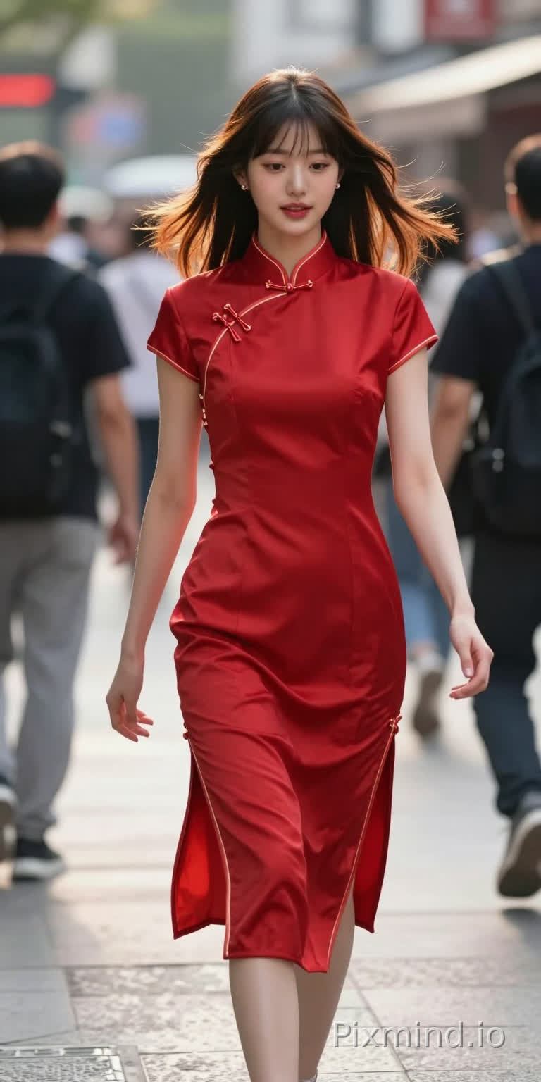 张元英 wearing a vibrant red cheongsam with modern cut, mid-action shot, walking down a bustling city street, hair blowing slightly, dynamic movement, natural expression, golden hour backlight, street photography style, Leica M10, 28mm lens, f/2.8, vibrant yet natural colors