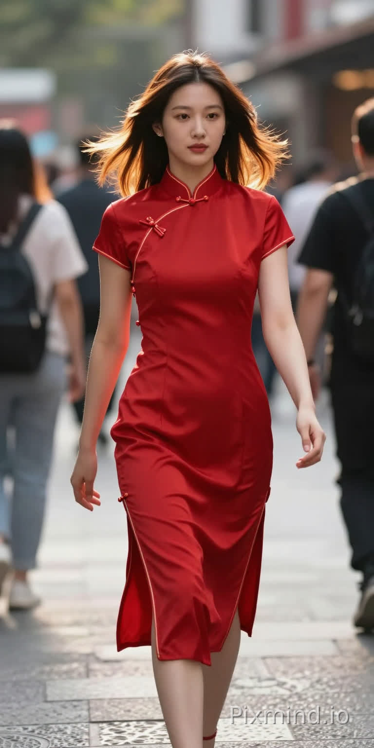 张员瑛 wearing a vibrant red cheongsam with modern cut, mid-action shot, walking down a bustling city street, hair blowing slightly, dynamic movement, natural expression, golden hour backlight, street photography style, Leica M10, 28mm lens, f/2.8, vibrant yet natural colors