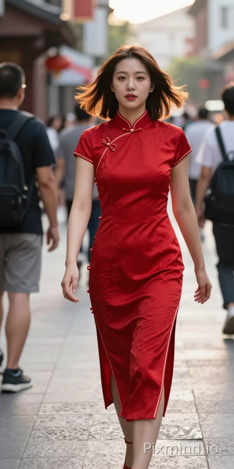 李承利 wearing a vibrant red cheongsam with modern cut, mid-action shot, walking down a bustling city street, hair blowing slightly, dynamic movement, natural expression, golden hour backlight, street photography style, Leica M10, 28mm lens, f/2.8, vibrant yet natural colors