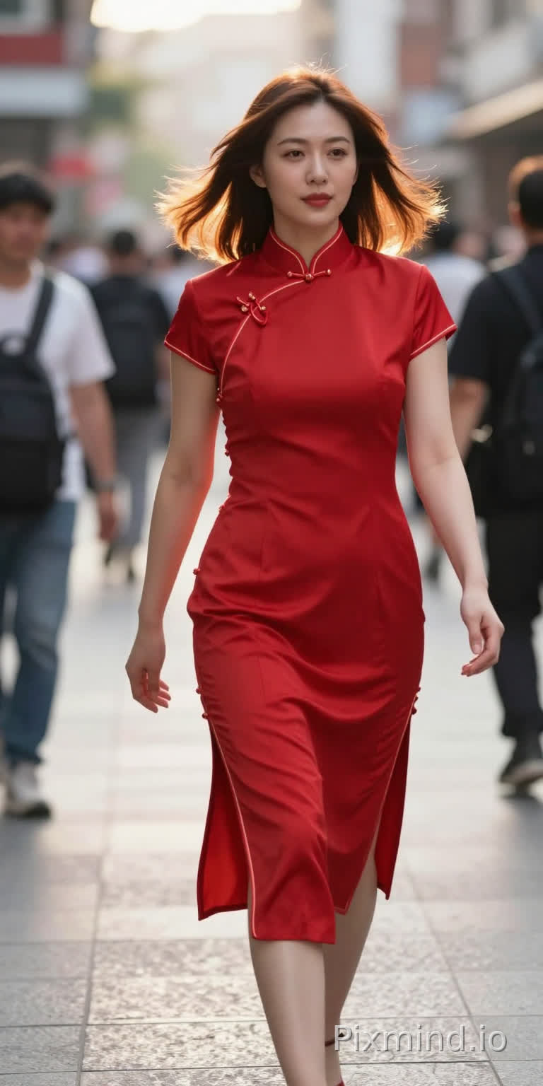 Lin Chi-ling wearing a vibrant red cheongsam with modern cut, mid-action shot, walking down a bustling city street, hair blowing slightly, dynamic movement, natural expression, golden hour backlight, street photography style, Leica M10, 28mm lens, f/2.8, vibrant yet natural colors