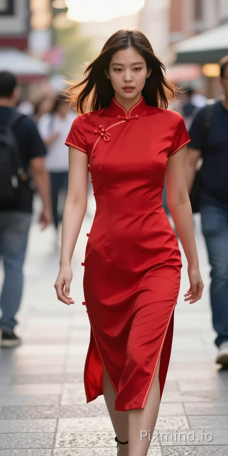 金珍妮 wearing a vibrant red cheongsam with modern cut, mid-action shot, walking down a bustling city street, hair blowing slightly, dynamic movement, natural expression, golden hour backlight, street photography style, Leica M10, 28mm lens, f/2.8, vibrant yet natural colors