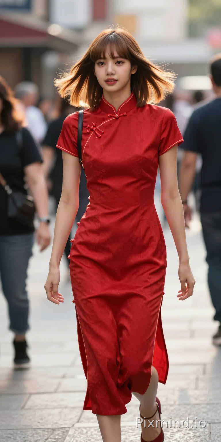 LISA wearing a vibrant red cheongsam with modern cut, mid-action shot, walking down a bustling city street, hair blowing slightly, dynamic movement, natural expression, golden hour backlight, street photography style, Leica M10, 28mm lens, f/2.8, vibrant yet natural colors