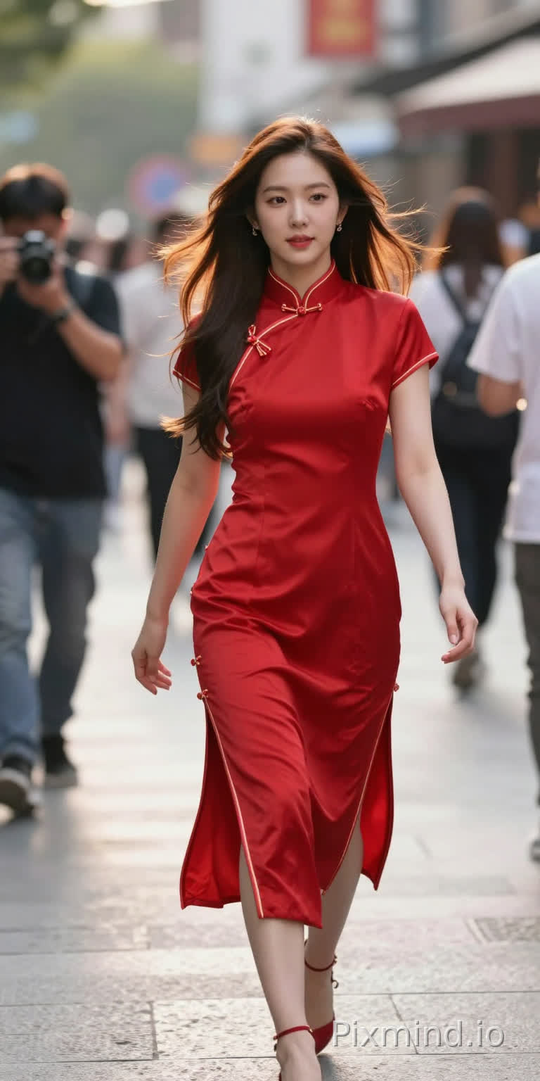 裴珠泫 wearing a vibrant red cheongsam with modern cut, mid-action shot, walking down a bustling city street, hair blowing slightly, dynamic movement, natural expression, golden hour backlight, street photography style, Leica M10, 28mm lens, f/2.8, vibrant yet natural colors