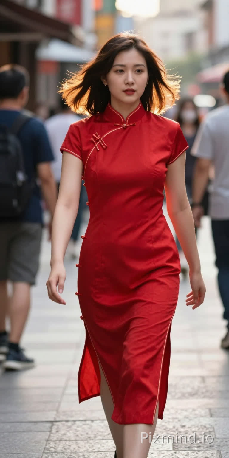 李格鲁 wearing a vibrant red cheongsam with modern cut, mid-action shot, walking down a bustling city street, hair blowing slightly, dynamic movement, natural expression, golden hour backlight, street photography style, Leica M10, 28mm lens, f/2.8, vibrant yet natural colors