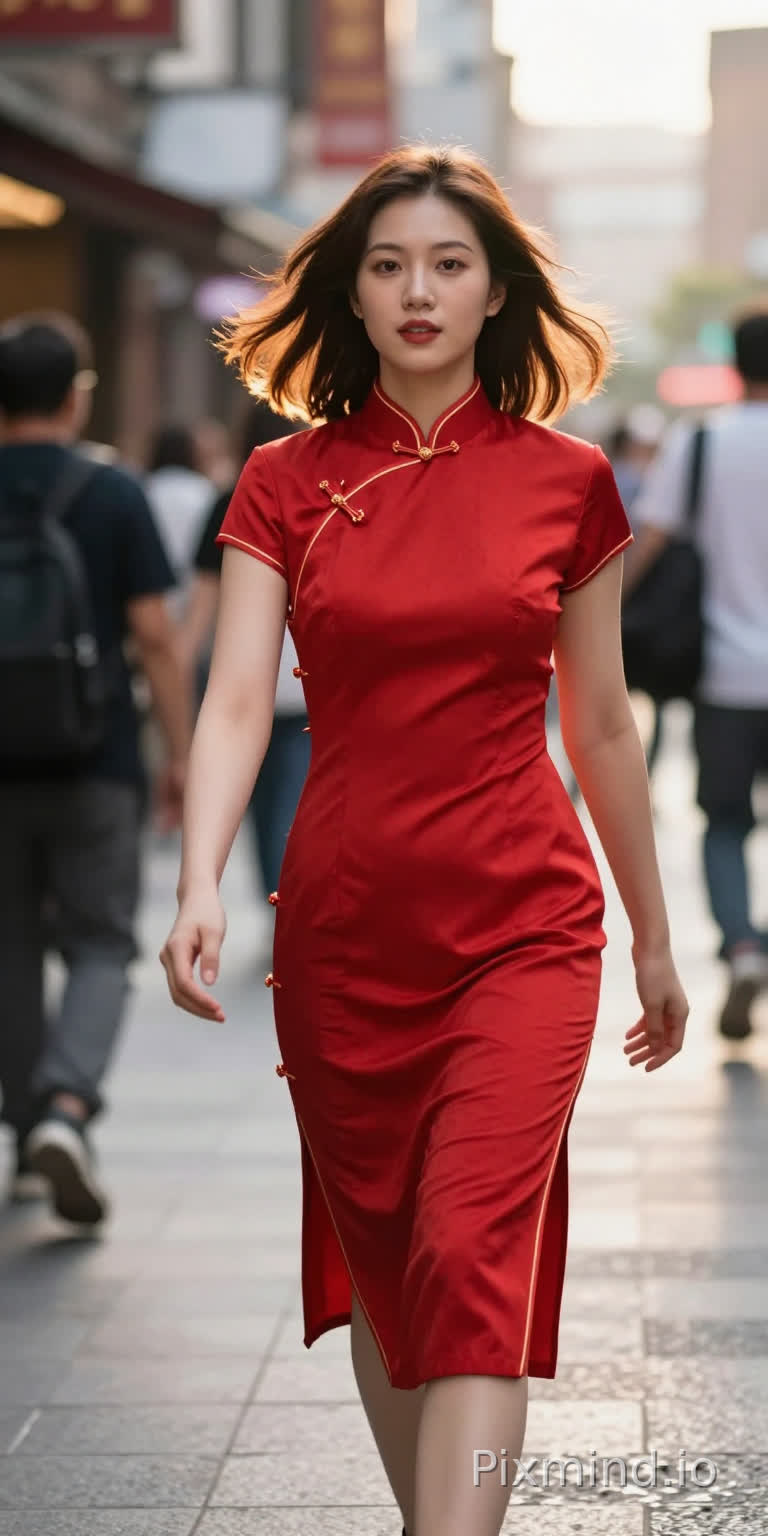 麦当妮 wearing a vibrant red cheongsam with modern cut, mid-action shot, walking down a bustling city street, hair blowing slightly, dynamic movement, natural expression, golden hour backlight, street photography style, Leica M10, 28mm lens, f/2.8, vibrant yet natural colors