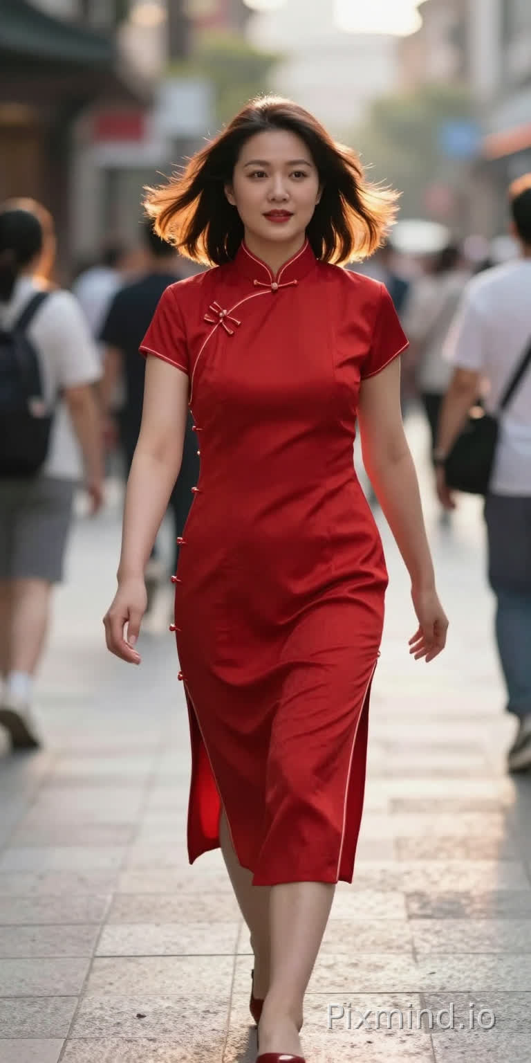 Mary Elizabeth wearing a vibrant red cheongsam with modern cut, mid-action shot, walking down a bustling city street, hair blowing slightly, dynamic movement, natural expression, golden hour backlight, street photography style, Leica M10, 28mm lens, f/2.8, vibrant yet natural colors