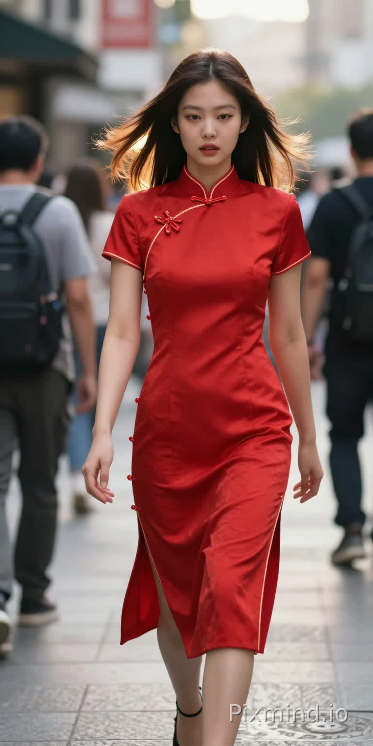 金珍妮 wearing a vibrant red cheongsam with modern cut, mid-action shot, walking down a bustling city street, hair blowing slightly, dynamic movement, natural expression, golden hour backlight, street photography style, Leica M10, 28mm lens, f/2.8, vibrant yet natural colors