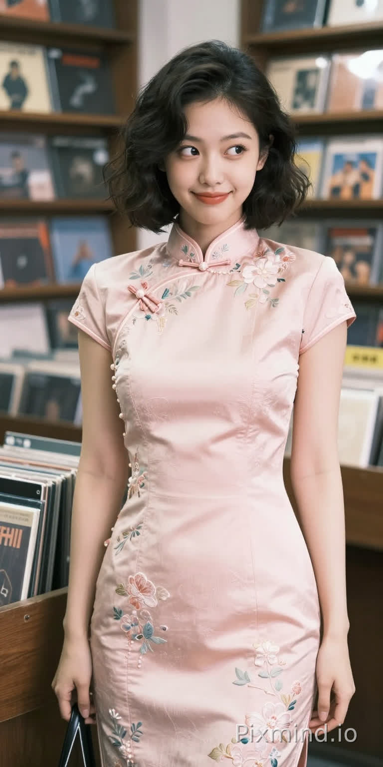 Jennie Kim wearing a tailored pastel pink cheongsam with delicate floral embroidery, short wavy bob hairstyle, playful yet confident expression, standing in a vintage record store, soft natural lighting, film grain texture, candid shot, slight smile, bright intelligent eyes, Canon EOS R5, 35mm lens, f/2.0, nostalgic atmosphere