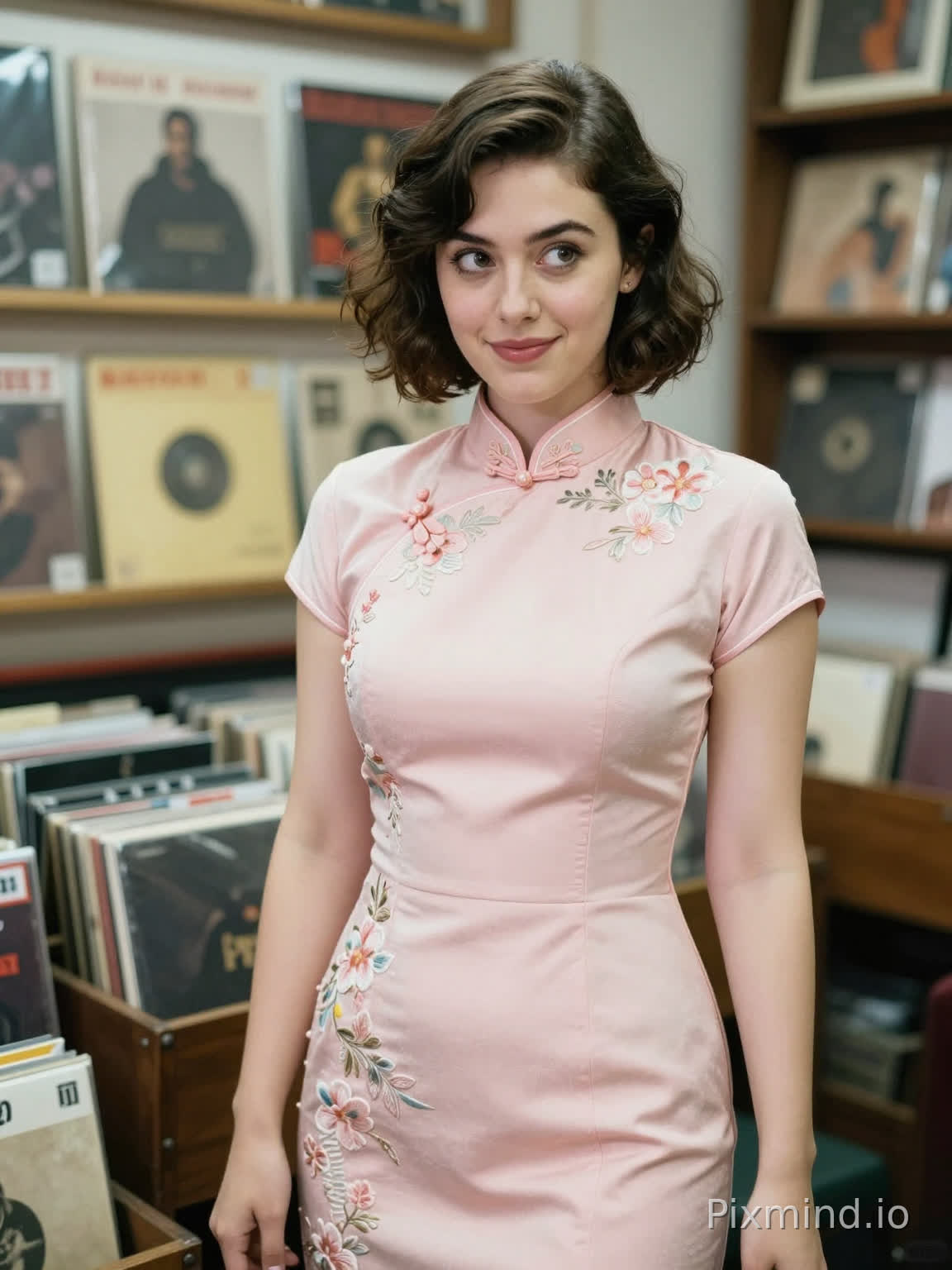 Mary Elizabeth Winstead wearing a tailored pastel pink cheongsam with delicate floral embroidery, short wavy bob hairstyle, playful yet confident expression, standing in a vintage record store, soft natural lighting, film grain texture, candid shot, slight smile, bright intelligent eyes, Canon EOS R5, 35mm lens, f/2.0, nostalgic atmosphere