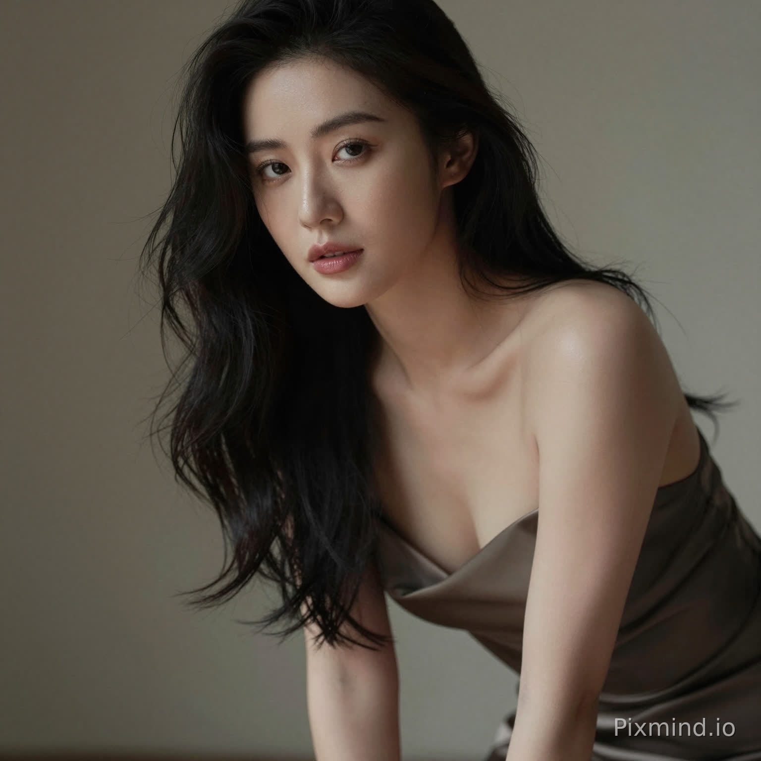 A sensual woman leaning slightly forward, deep neckline dress, subtle cleavage, inviting gaze, soft focus background, intimate framing, realistic skin highlights, moody lighting, editorial sensual photography