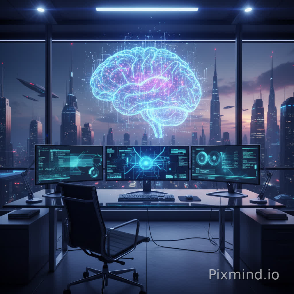 Artificial intelligence brain hologram floating above modern computer workstation, futuristic office, cinematic lighting, photorealistic
