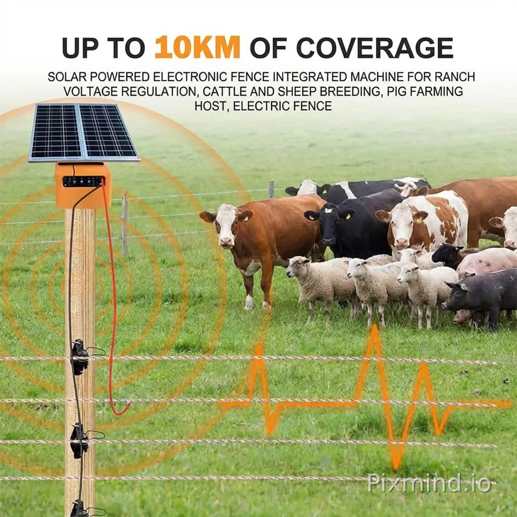 The impact range is 10KM,Solar powered electronic fence integrated machine for ranch voltage regulation, cattle and sheep breeding, pig farming host, electric fence,The background is cows on the grassland, which are afraid to approach due to the influence of electronic fences and can only move within the range of the electronic fence
