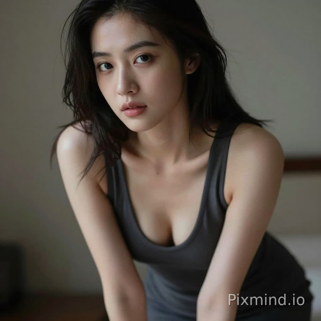 A sensual woman leaning slightly forward, deep neckline dress, subtle cleavage, inviting gaze, soft focus background, intimate framing, realistic skin highlights, moody lighting, editorial sensual photography