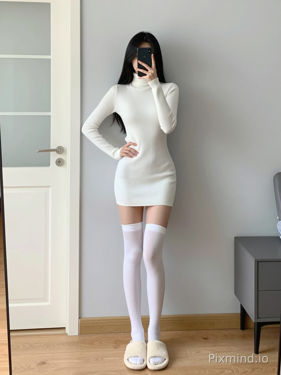 ### Detailed AI Painting Prompt
#### Chinese Version (Adapted for Chinese AI Painting Models)
Realistic high-definition, full-body mirror selfie composition, minimalist modern home interior, a young tall and slender East Asian woman with long straight black hair, one hand holding a black smartphone covering the face, the other hand on the hip, crossed legs leaning against a light-colored wall;
Outfit details: pure white ribbed knit semi-turtleneck slim-fit bodycon mini dress, detached long knit arm warmers of the same fabric, white elastic over-the-knee long socks, off-white thick fluffy flat slippers;
Background: light gray plain wall, light log grain wooden floor, white sliding door with frosted glass on the left side of the frame, partial bed and nightstand with gray-black legs are exposed on the right side of the frame, soft and even indoor natural light, clean and refreshing daily wear atmosphere, clear details, accurate focus
---
#### English Version (Adapted for Overseas AI Painting Models)
```
Positive prompt:
photorealistic, high definition, full body mirror selfie, minimalist modern home interior, young slim tall East Asian woman, long black hair, one hand holding black smartphone covering face, one hand on hip, crossed legs leaning on plain wall, outfit: solid white ribbed knit turtleneck fitted bodycon mini dress, detached matching long knit arm warmers, white elastic over-the-knee thigh high stockings, cream fluffy open-toe slippers, background: light grey plain wall, light wood grain floor, white frosted glass sliding door at left, partial bed and gray-black nightstand at right, soft indoor natural light, clean casual daily aesthetic, sharp focus, clear details
Negative prompt:
deformed, blurry, extra limbs, wrong fingers, low resolution, discolored, messy background, distorted proportions
```
