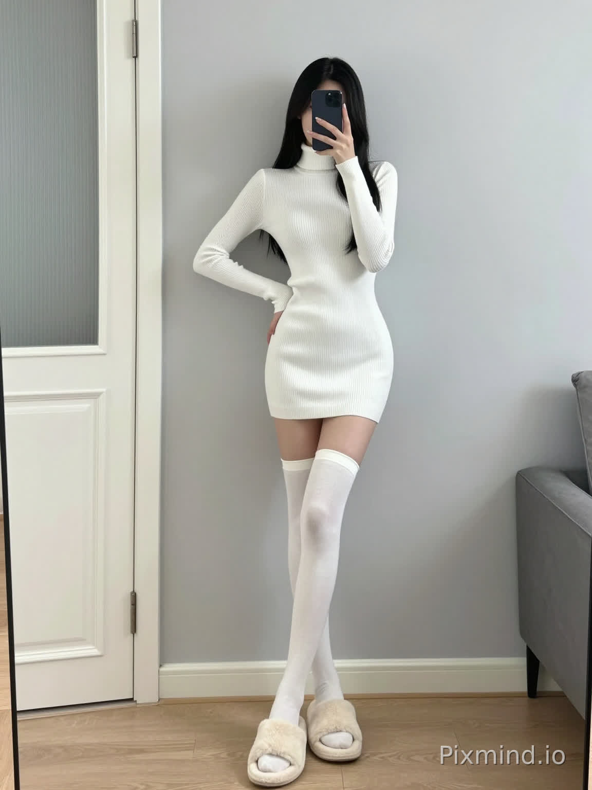 ### Detailed AI Painting Prompt
#### Chinese Version (Adapted for Chinese AI Painting Models)
Realistic high-definition, full-body mirror selfie composition, minimalist modern home interior, a young tall and slender East Asian woman with long straight black hair, one hand holding a black smartphone covering the face, the other hand on the hip, crossed legs leaning against a light-colored wall;
Outfit details: pure white ribbed knit semi-turtleneck slim-fit bodycon mini dress, detached long knit arm warmers of the same fabric, white elastic over-the-knee long socks, off-white thick fluffy flat slippers;
Background: light gray plain wall, light log grain wooden floor, white sliding door with frosted glass on the left side of the frame, partial bed and nightstand with gray-black legs are exposed on the right side of the frame, soft and even indoor natural light, clean and refreshing daily wear atmosphere, clear details, accurate focus
---
#### English Version (Adapted for Overseas AI Painting Models)
```
Positive prompt:
photorealistic, high definition, full body mirror selfie, minimalist modern home interior, young slim tall East Asian woman, long black hair, one hand holding black smartphone covering face, one hand on hip, crossed legs leaning on plain wall, outfit: solid white ribbed knit turtleneck fitted bodycon mini dress, detached matching long knit arm warmers, white elastic over-the-knee thigh high stockings, cream fluffy open-toe slippers, background: light grey plain wall, light wood grain floor, white frosted glass sliding door at left, partial bed and gray-black nightstand at right, soft indoor natural light, clean casual daily aesthetic, sharp focus, clear details
Negative prompt:
deformed, blurry, extra limbs, wrong fingers, low resolution, discolored, messy background, distorted proportions
```