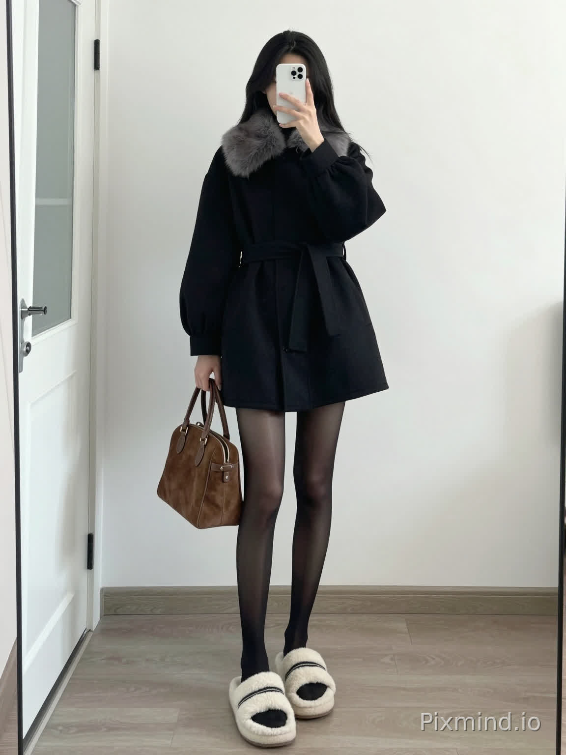 ### Detailed Prompt for Chinese AI Painting Models:
Photorealistic full-body mirror selfie, a tall and slender girl with long straight black hair, daily indoor outfit shooting. The girl holds a white smartphone to cover her face, with one hand on her waist and carrying a crossbody bag. She wears a short waist-fitted black wool coat, with spliced gray fur collar, a same-color belt cinches the waist to outline the waistline, designed with lantern puff sleeves. She matches with pure black sheer glossy silk stockings, and wears off-white thick-soled fluffy slippers with decorative black stripes. A vintage brown suede handbag is carried on her arm. The background is simple clean white wall and light gray wood-grain floor, there is a white door with glass on the left side of the frame. Korean-style autumn and winter outfit atmosphere, soft natural light, clear picture, well-proportioned long leg proportion, clean ins style
---
### English Prompt for Midjourney:
full body mirror selfie, a tall slender young woman with long straight black hair, holding white smartphone to cover face, one hand on waist, carrying a vintage brown suede handbag, wearing black short belted wool coat with grey fur collar, puffy bubble sleeves, sheer black pantyhose, white fluffy thick slippers with black stripes, simple indoor room, white wall, light gray wood grain floor, white door with glass on left, soft natural light, korean winter fashion aesthetic, photorealistic, clear details, ootd fashion photo --ar 9:12 --style raw